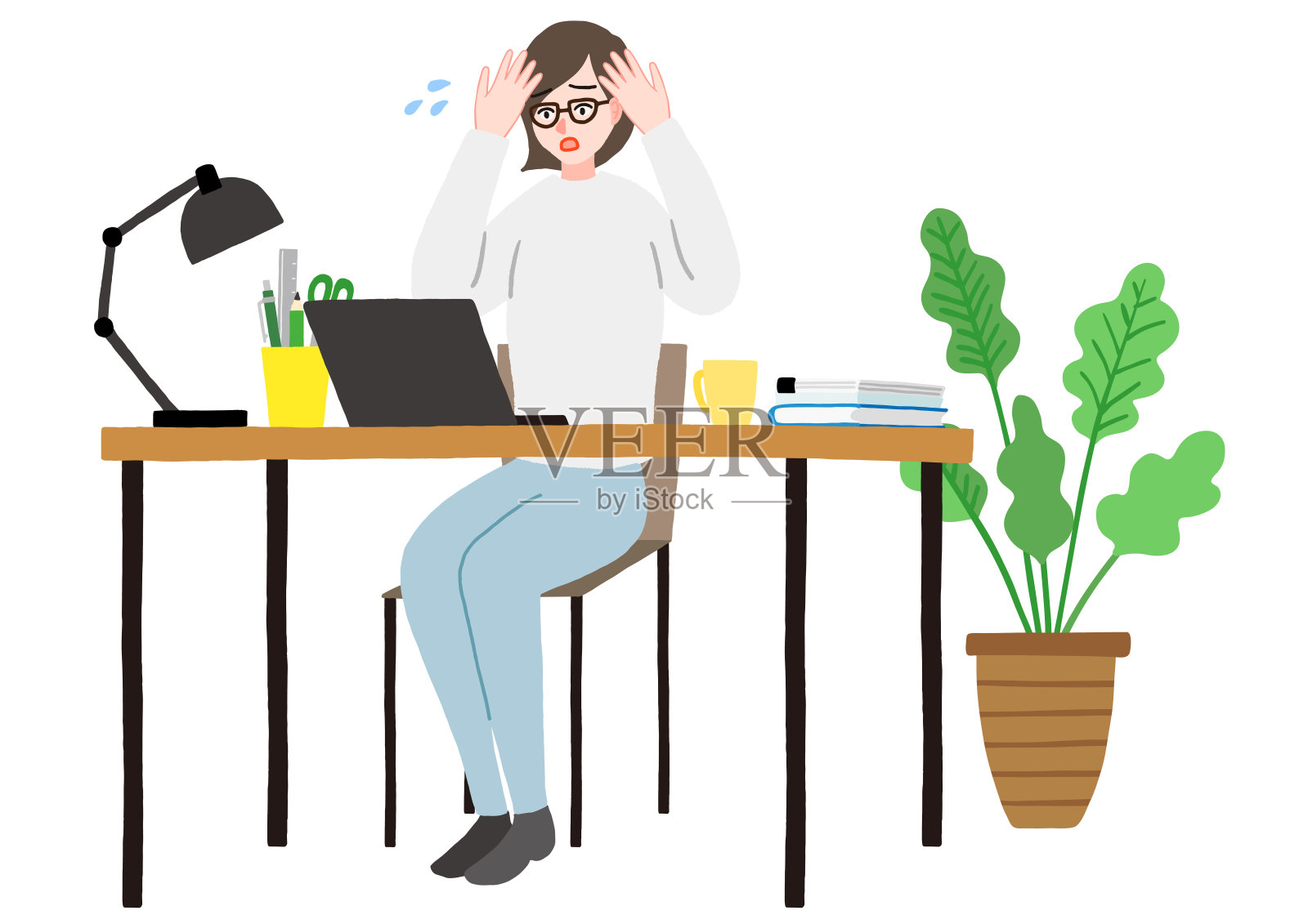 一个在家里无法在电脑前专心工作的女人插画图片素材