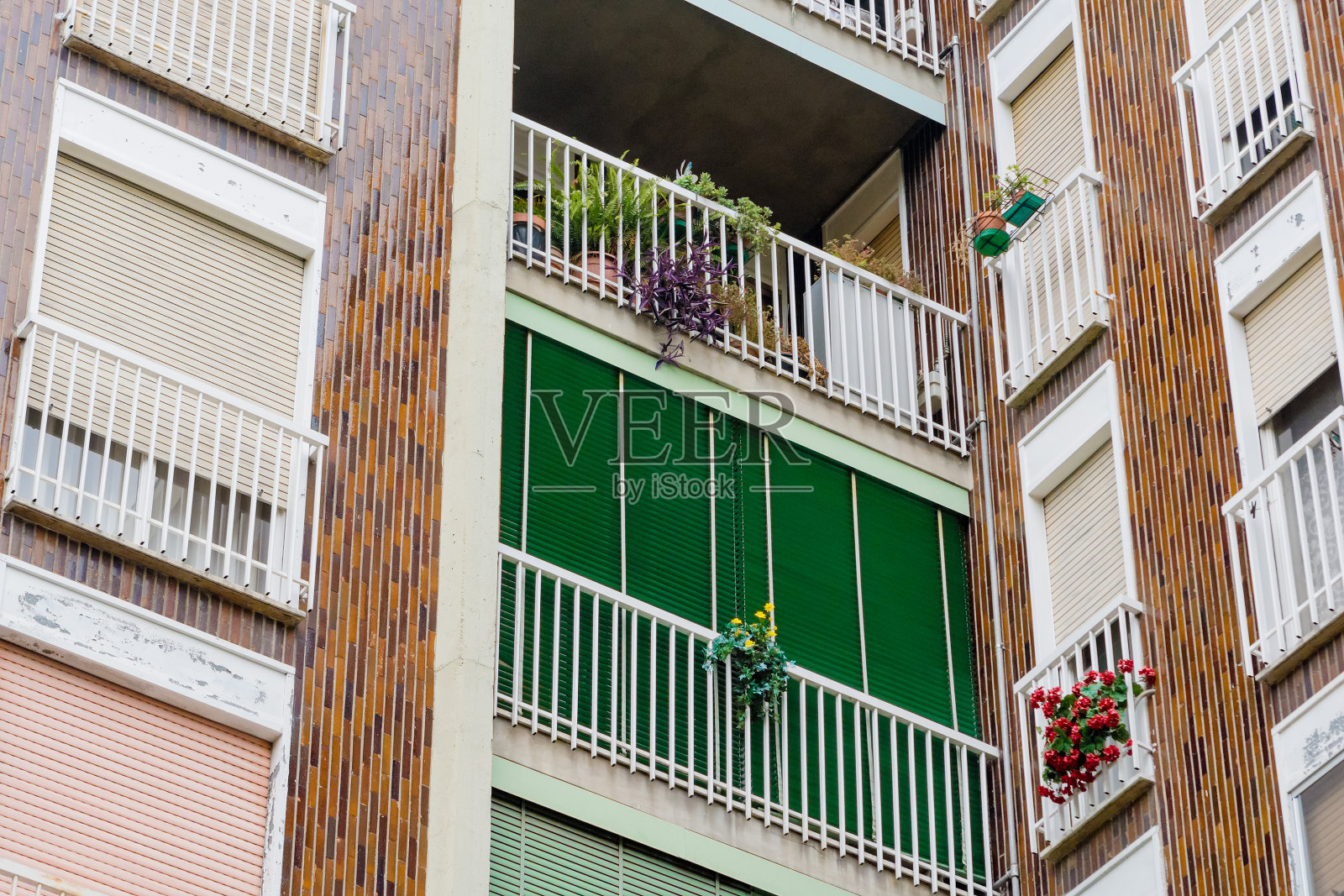 意大利绿色建筑，为办公室和家庭提供阳台。建筑中的碎片绿色阳台照片摄影图片