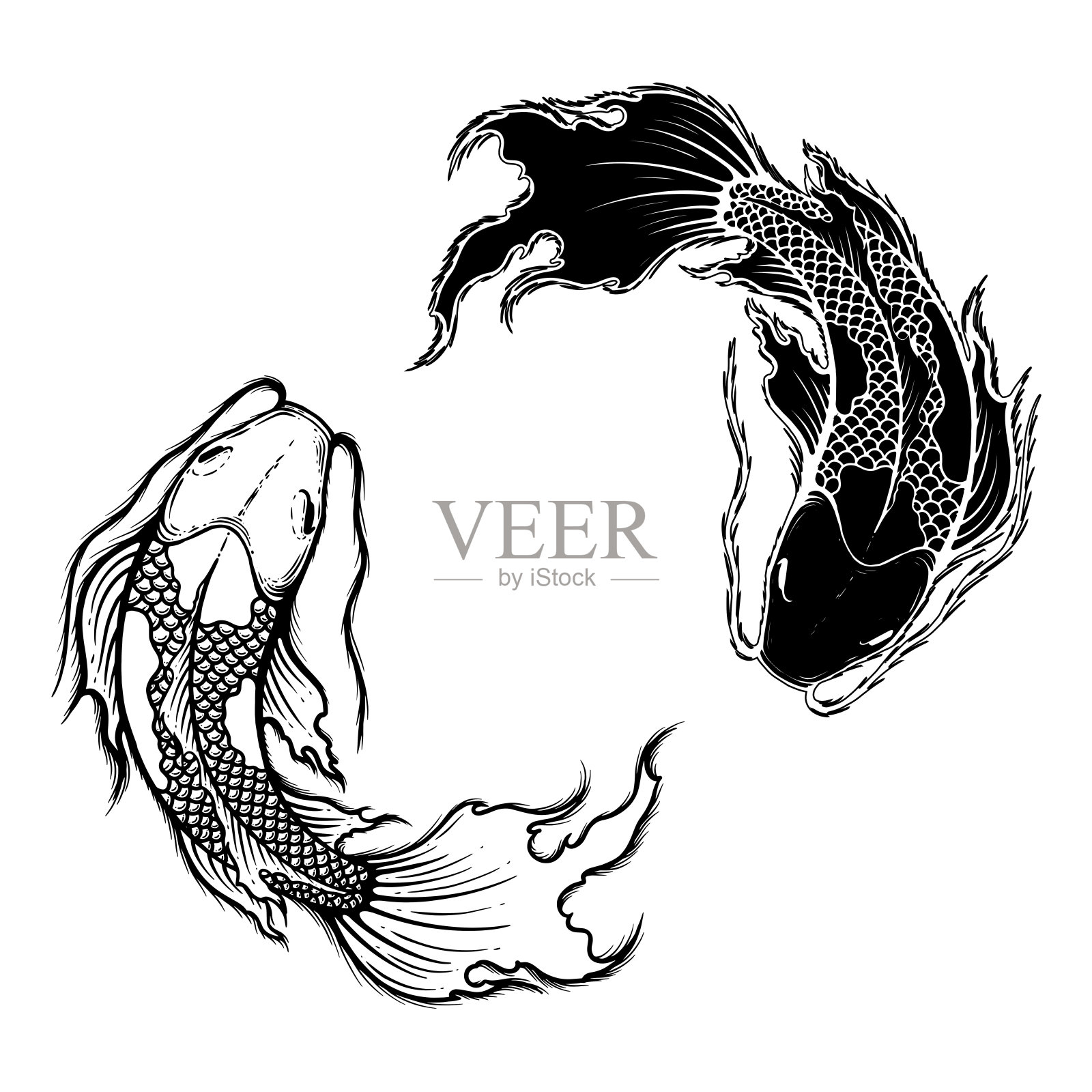 手绘轮廓锦鲤鱼矢量插图，纹身设计，日本风格，线条艺术水墨作品，动物野生动物。黑色和白色。插画图片素材