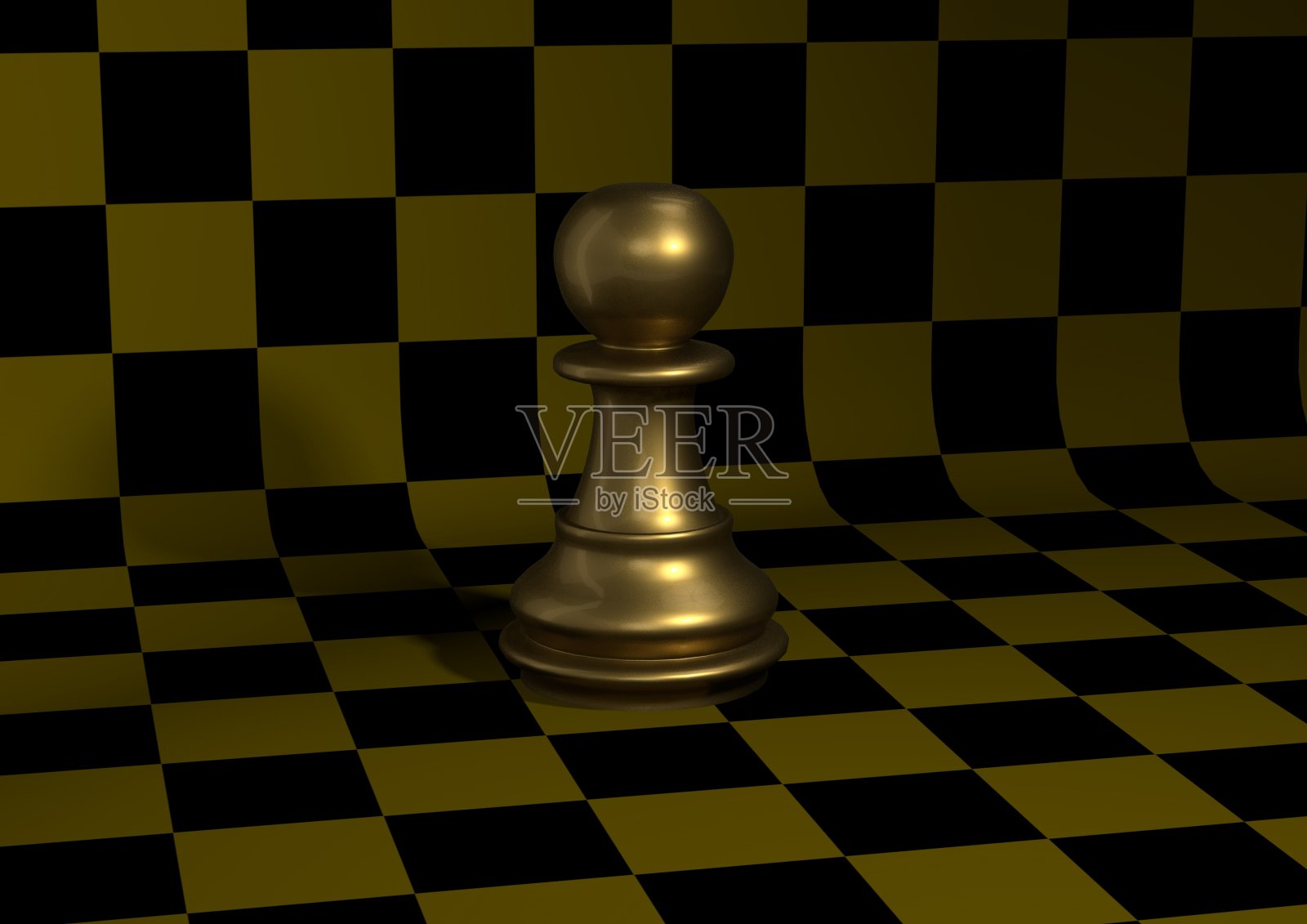 3D插图的国际象棋pawn的旧金属，在弯曲的棋盘。照片摄影图片