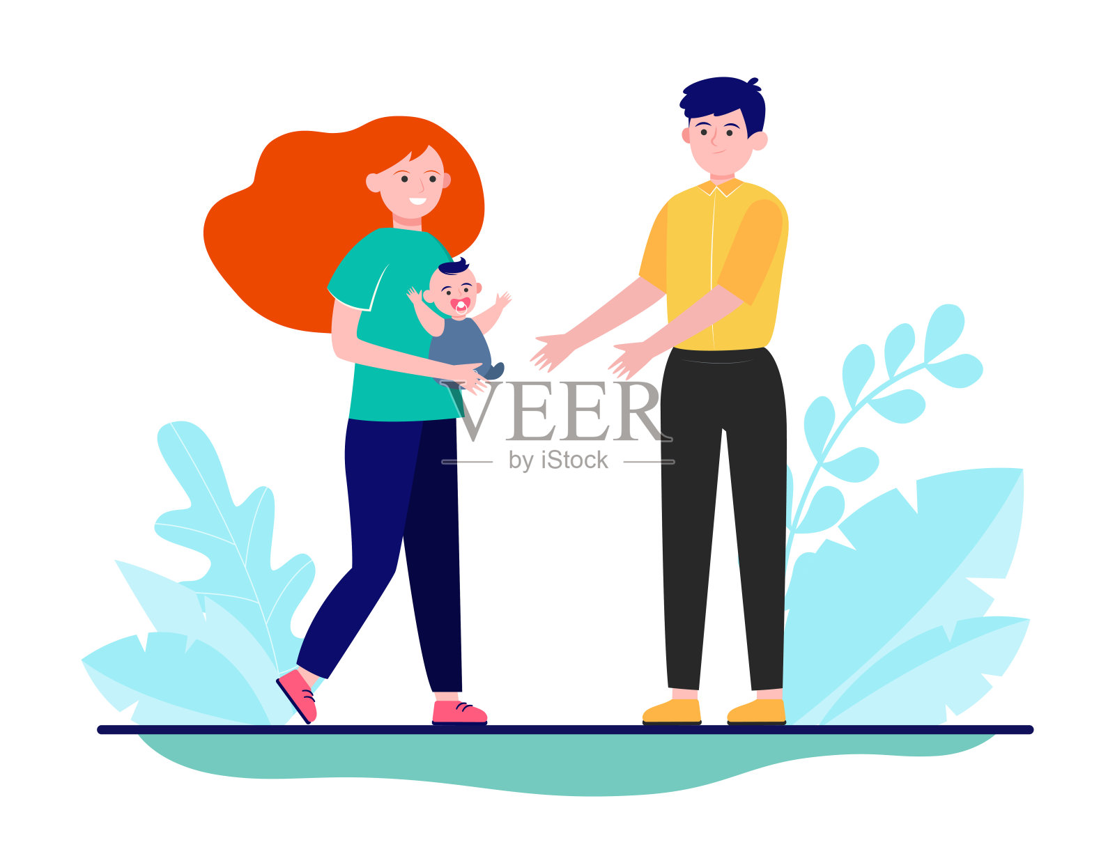 年轻夫妇抱着婴儿插画图片素材