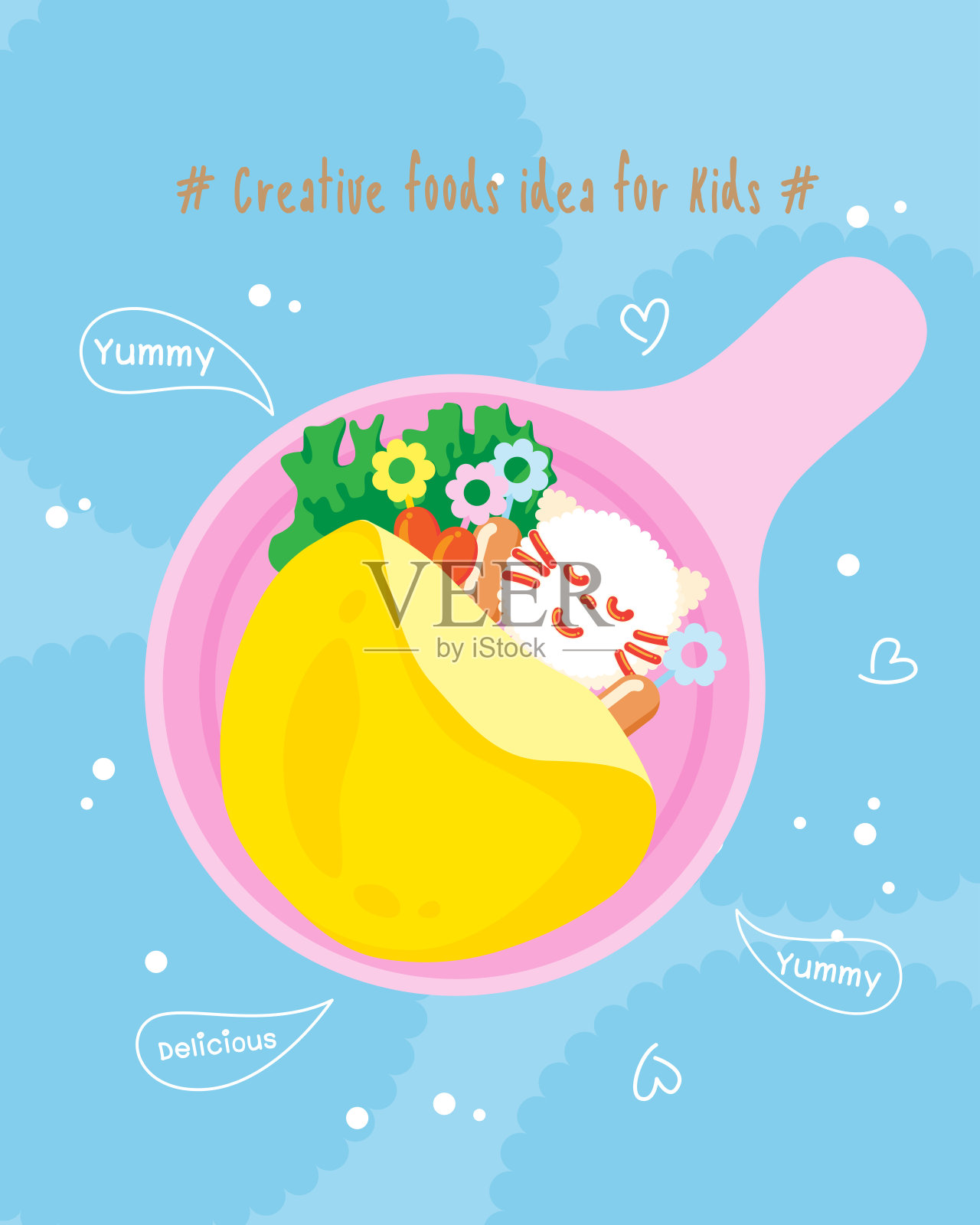 创意儿童早餐，煎蛋卷，香肠蒸饭，西红柿，可爱的食物风格，矢量插图插画图片素材