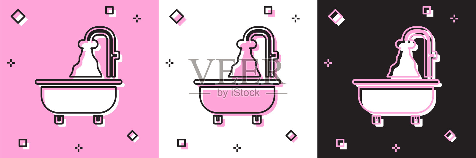 设置浴缸图标隔离在粉红色和白色，黑色背景。向量插画图片素材