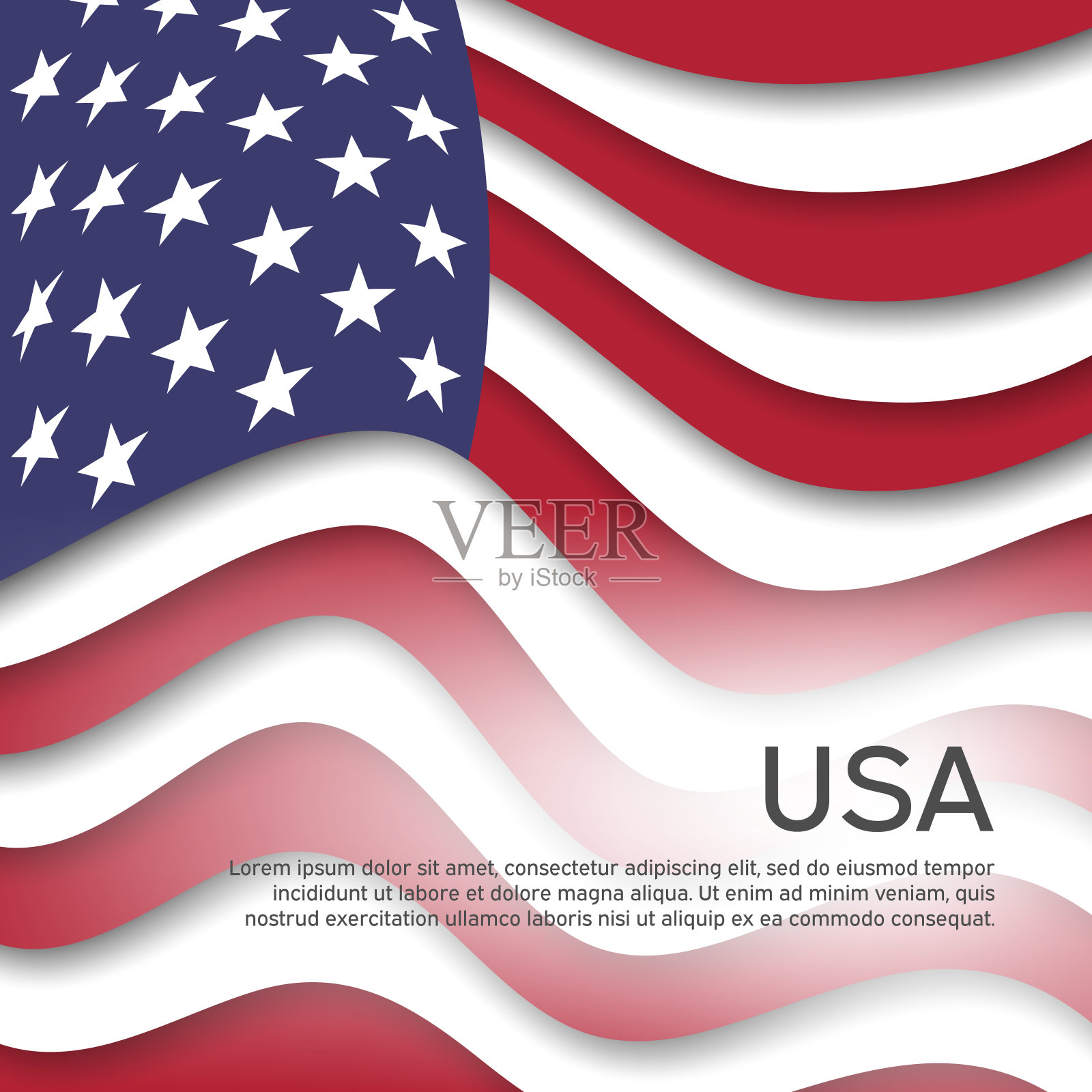 波浪图案-美国国旗。创意背景的美国爱国节日设计。图形抽象背景海报。剪纸的风格。矢量插图的美国国旗。横幅插画图片素材