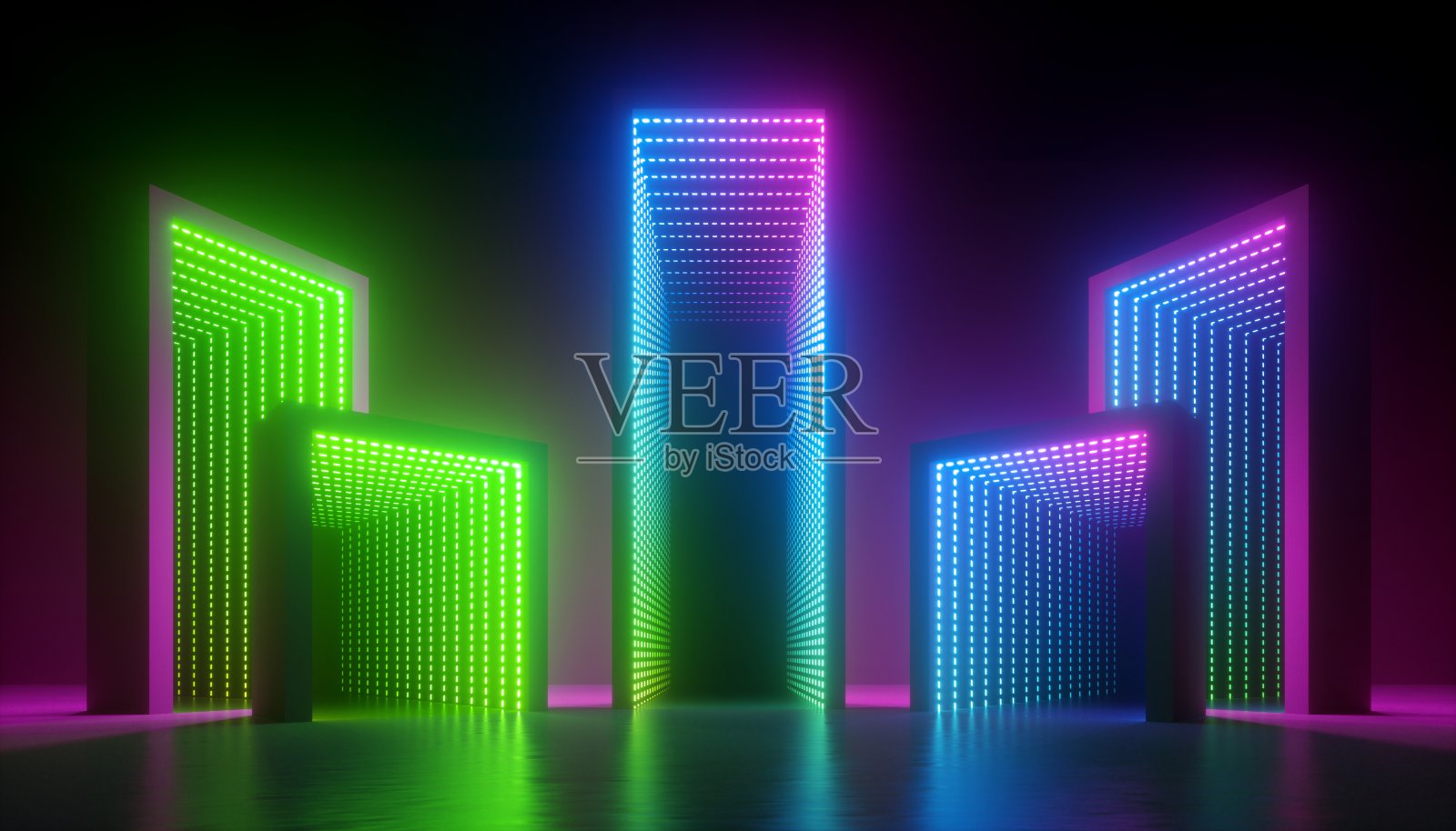3d渲染，抽象的彩色霓虹背景，空盒子与绿色蓝色粉色灯光照明内部。照片摄影图片