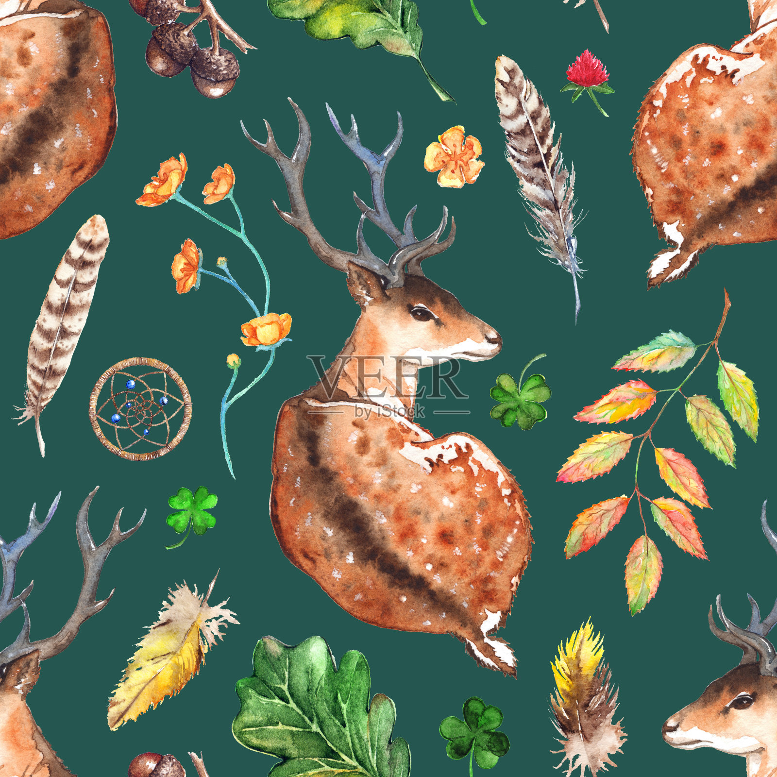 水彩木材森林鹿动物植物羽毛捕梦网无缝图案纹理背景插画图片素材
