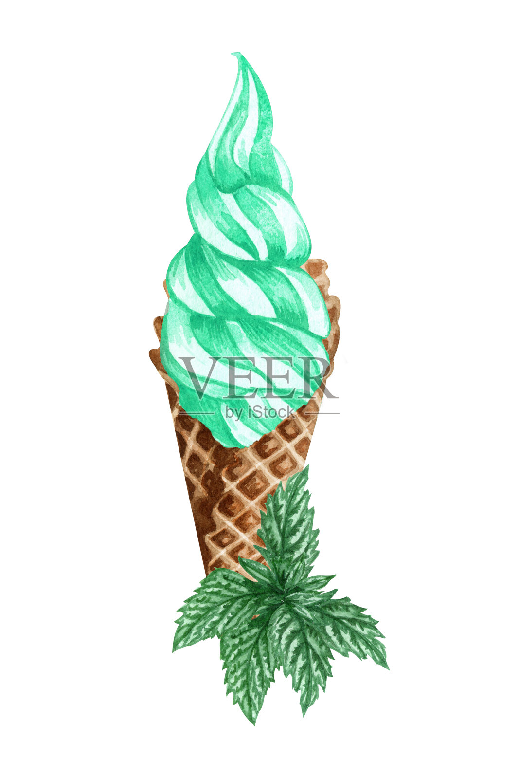 水彩薄荷冰淇淋蛋筒孤立在白色背景。手绘插图新鲜薄荷叶和绿冰淇淋在华夫蛋筒。插画图片素材