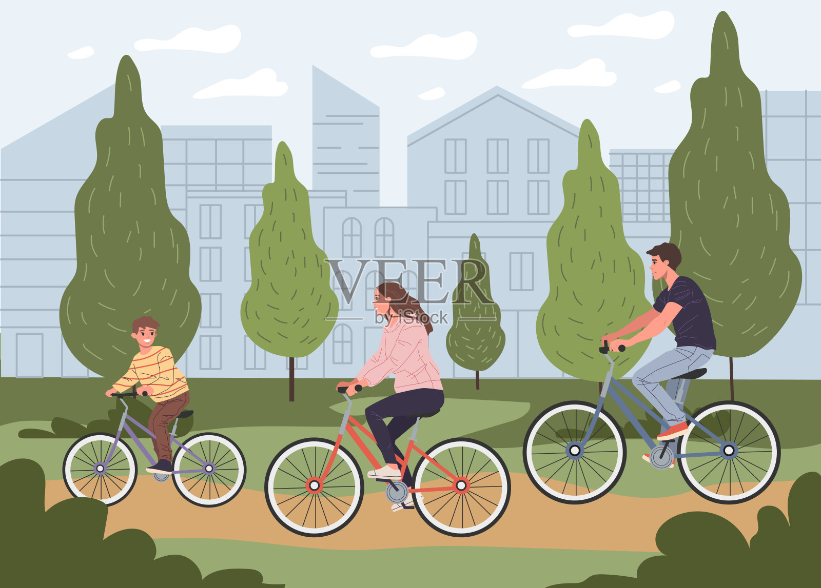年轻的父母夫妇和儿子骑自行车插画图片素材