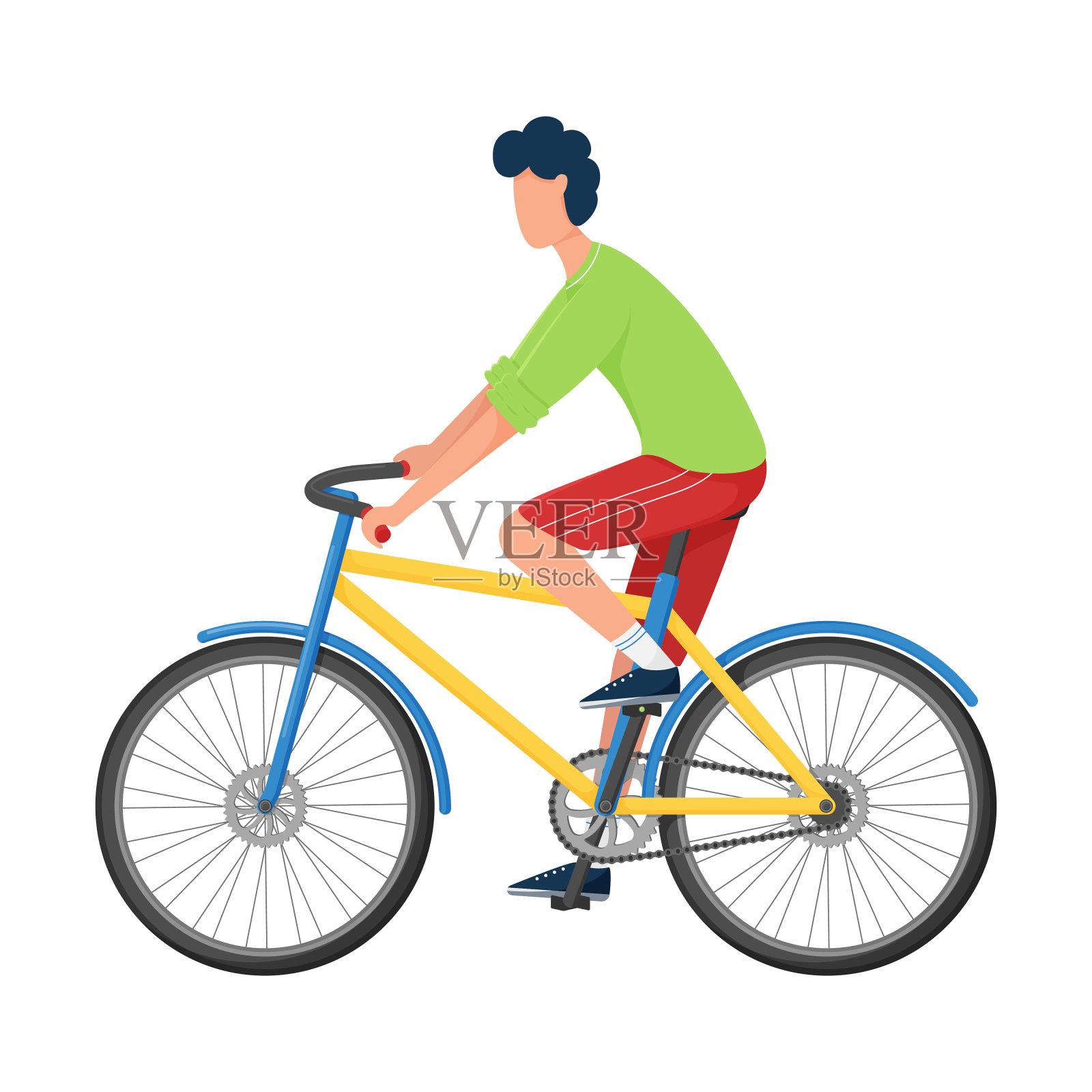 一个年轻人穿着鲜艳的休闲服和运动鞋骑着自行车。平的风格。运动训练，积极的生活方式。颜色向量插图。孤立在白色背景上。设计元素图片