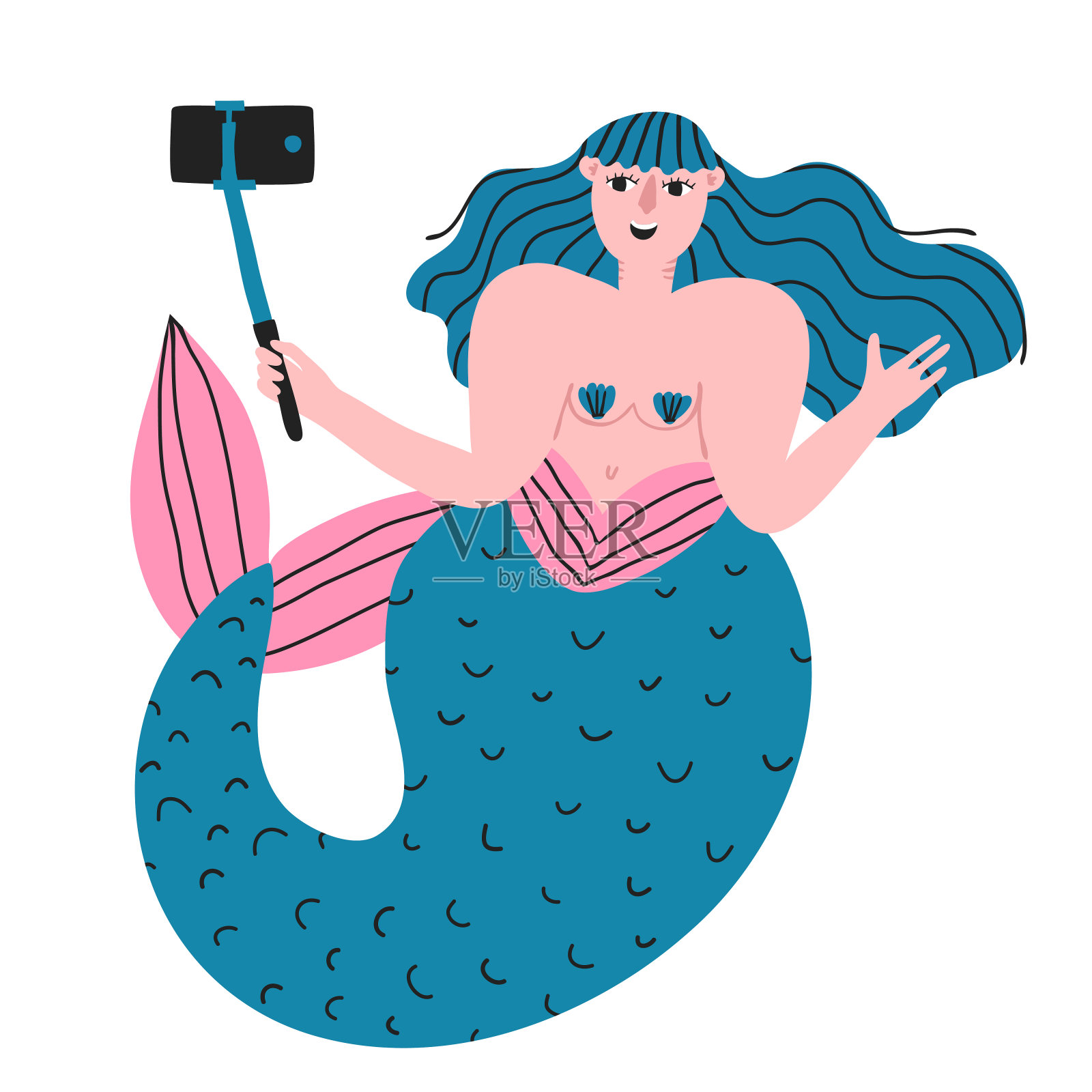 有趣的美人鱼水下拍摄镜头。自拍杆单脚上有手机的海洋生物。插画图片素材