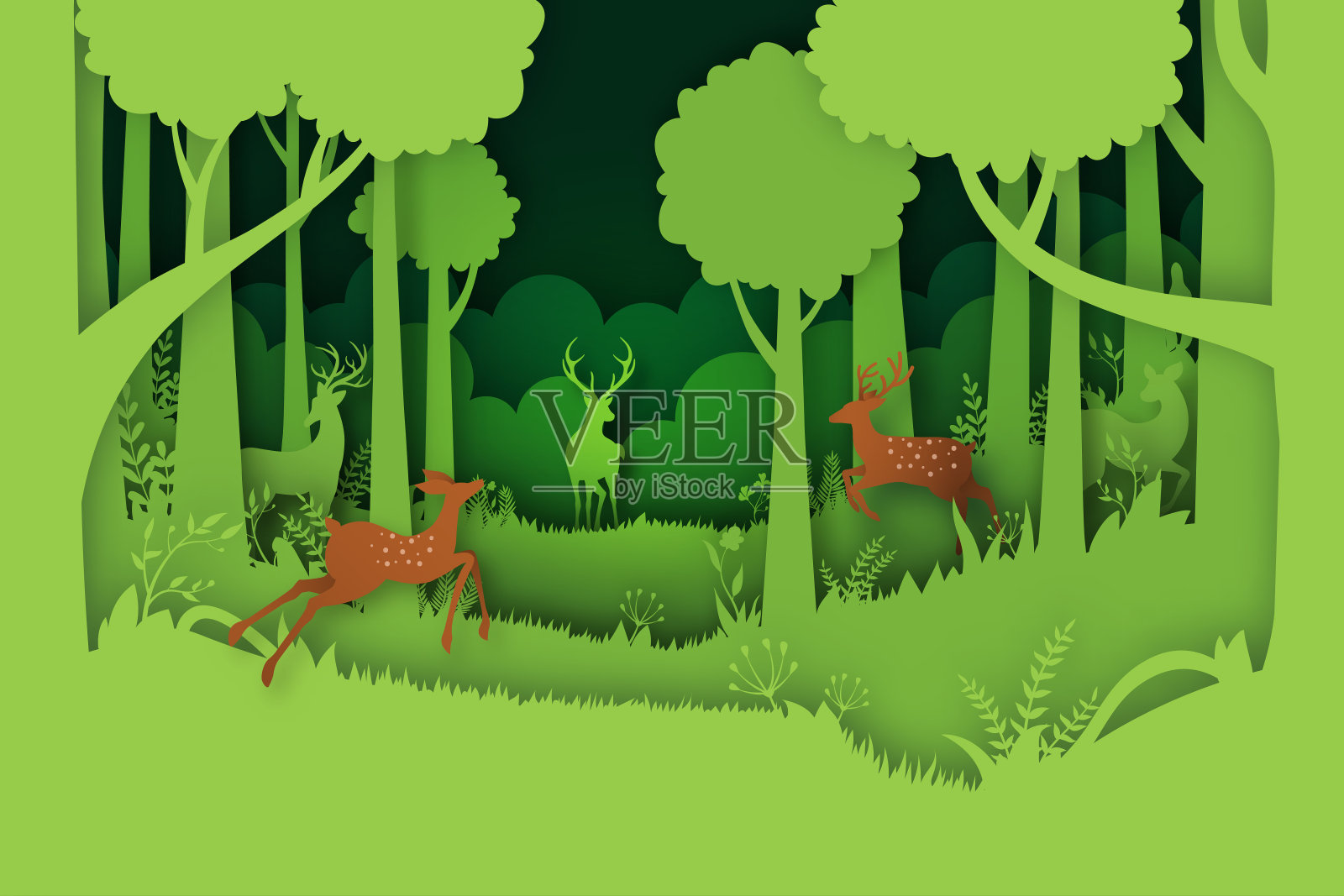 绿色丛林森林自然景观背景纸艺术风格插画图片素材