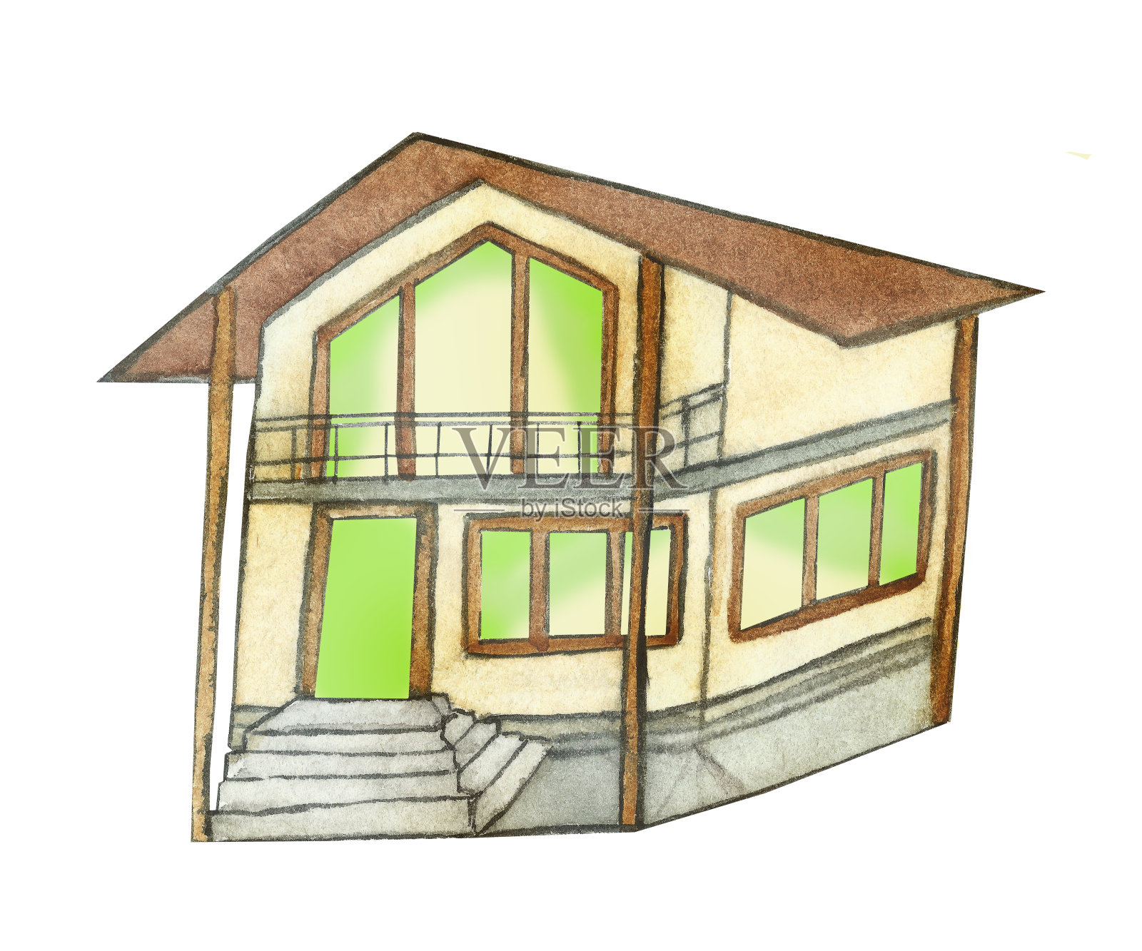 水彩手绘自然建筑设计的建筑插图，米色两层的房子，棕色的屋顶和柱子，绿色的窗户和露台组成的白色背景设计元素图片