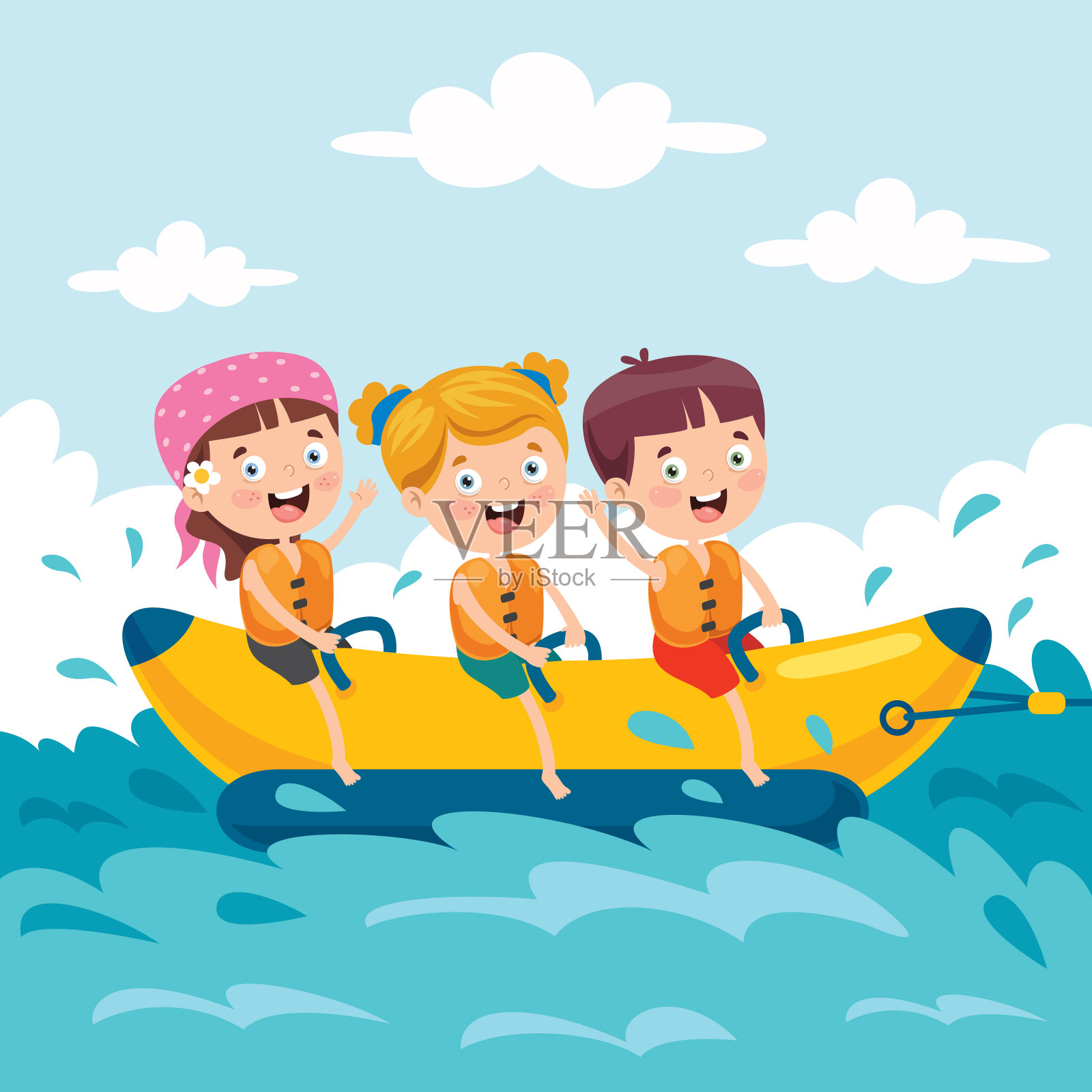 在香蕉船上玩耍的孩子们插画图片素材