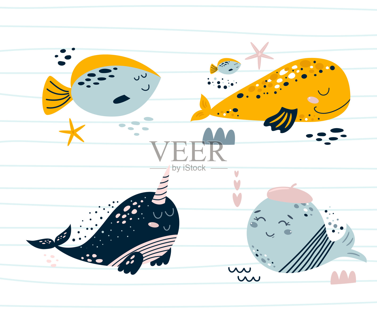可爱的海洋动物角色集。微笑的鲸鱼，海鱼，独角鲸。婴儿儿童航海动物印刷插图插画图片素材