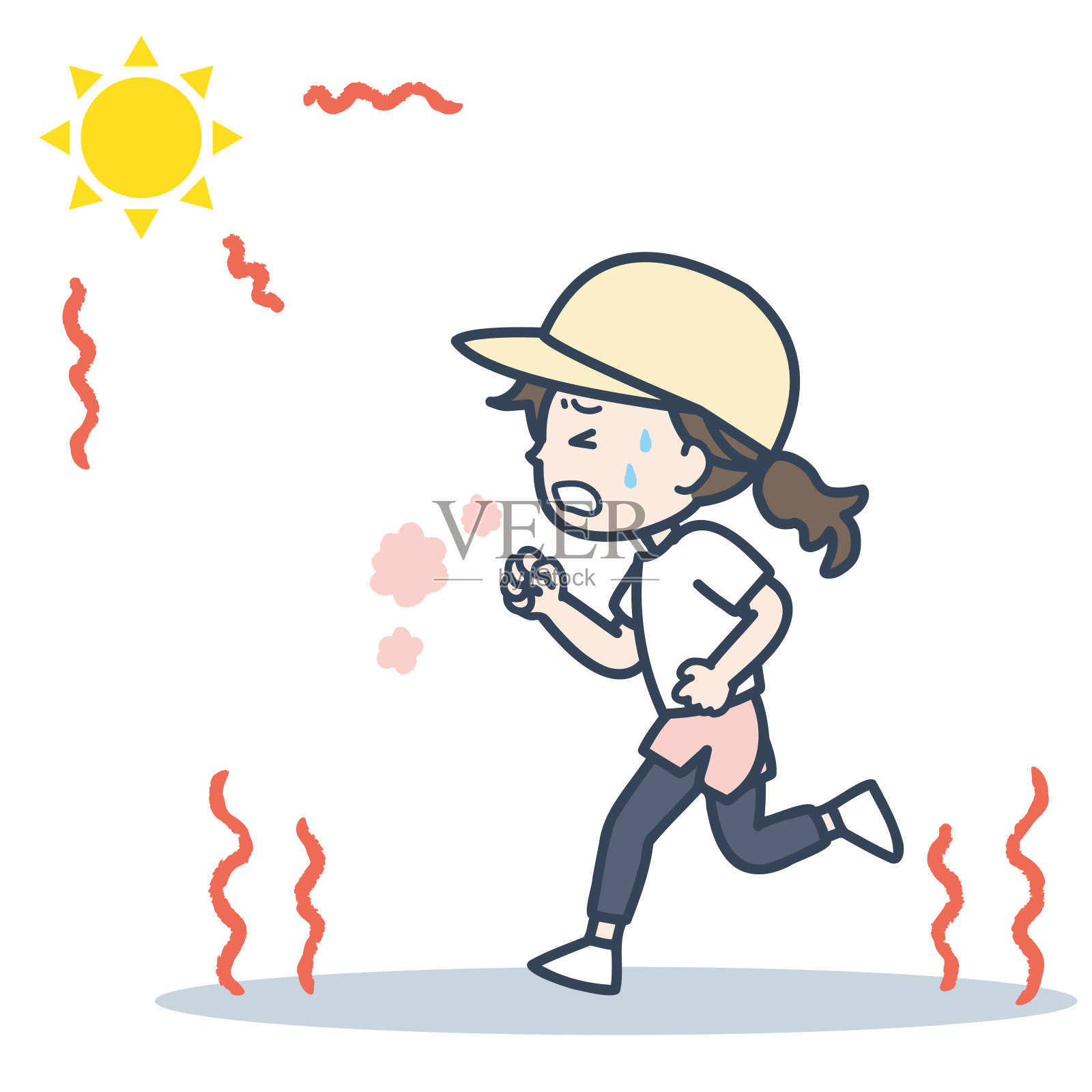 这是一个女人在烈日下奔跑的例证。矢量图像。设计元素图片