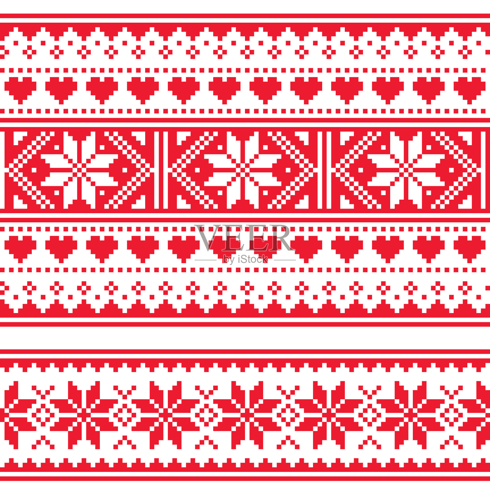苏格兰费尔岛风格的传统针织衫矢量两个无缝模式，复古的Shtelands针织重复设计的雪花和心插画图片素材