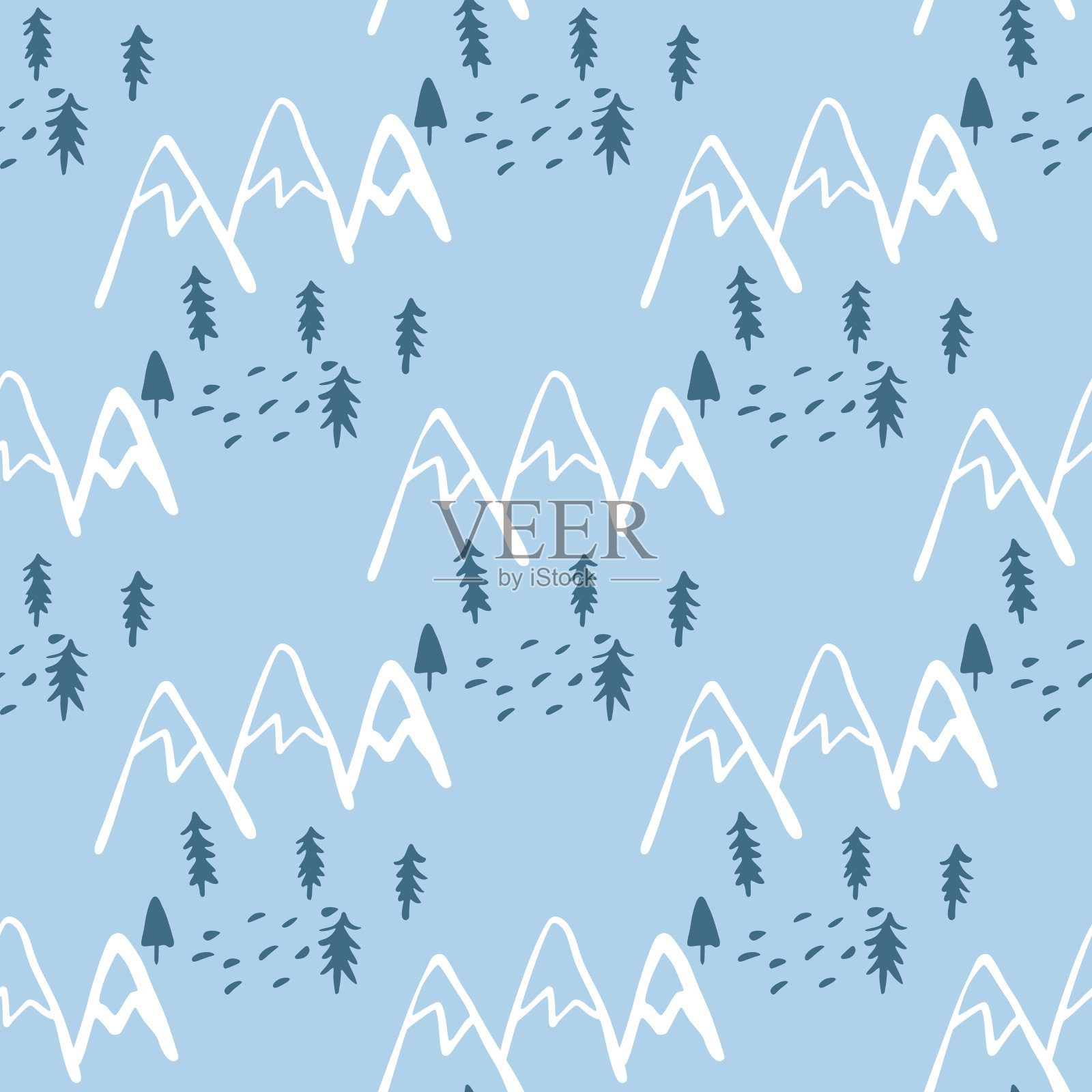 无缝模式与树木和山脉在蓝色的背景。斯堪的纳维亚无尽的林地墙纸。插画图片素材
