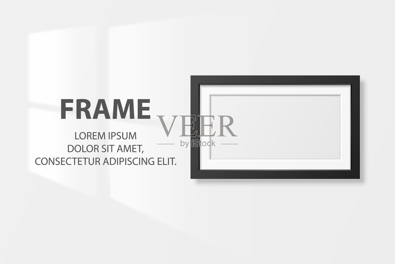 向量3d现实黑色水平木制简单的现代框架图标特写孤立的白色墙壁背景与窗光。它可以用于演示。设计模板，模型，前视图插画图片素材