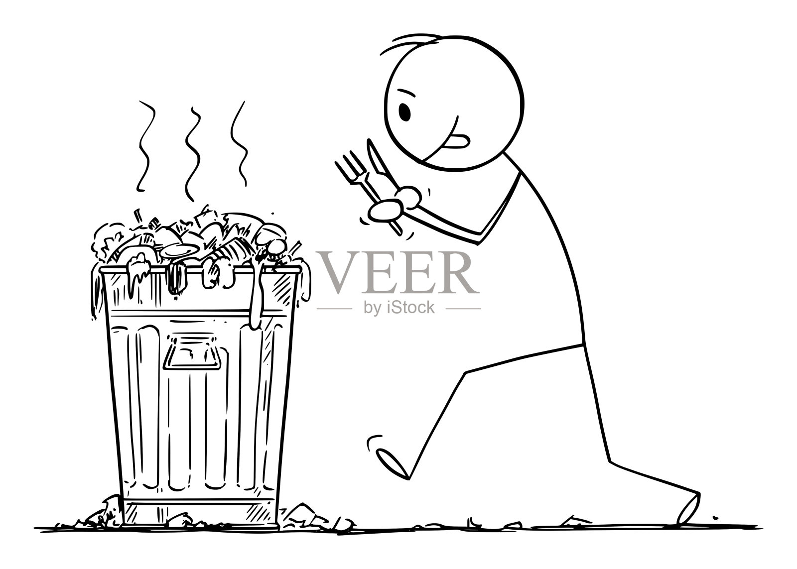 矢量卡通插图饥饿的人与刀叉将吃垃圾食品从垃圾桶设计元素图片