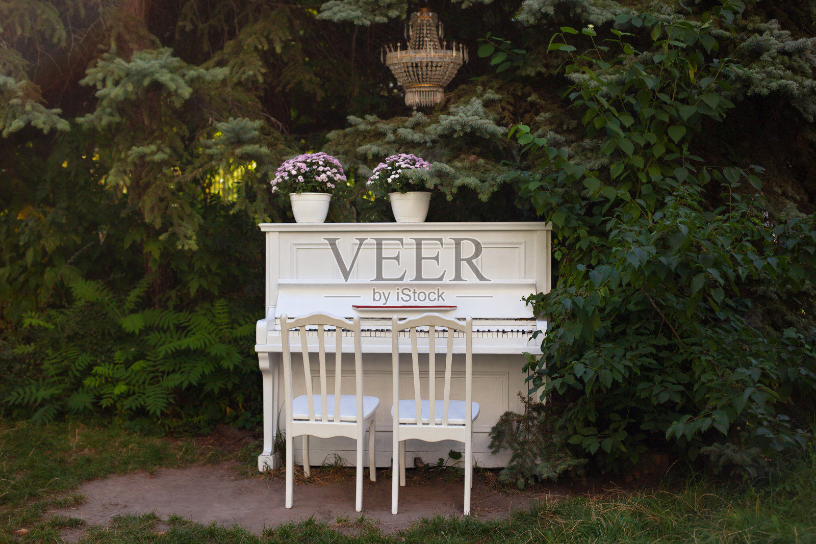 白色的钢琴和椅子与浪漫的装饰在夏天的花园。装饰婚礼或浪漫晚餐。室外摆放着一架装饰着鲜花的大钢琴。花园装饰。乡村。庆祝活动照片摄影图片