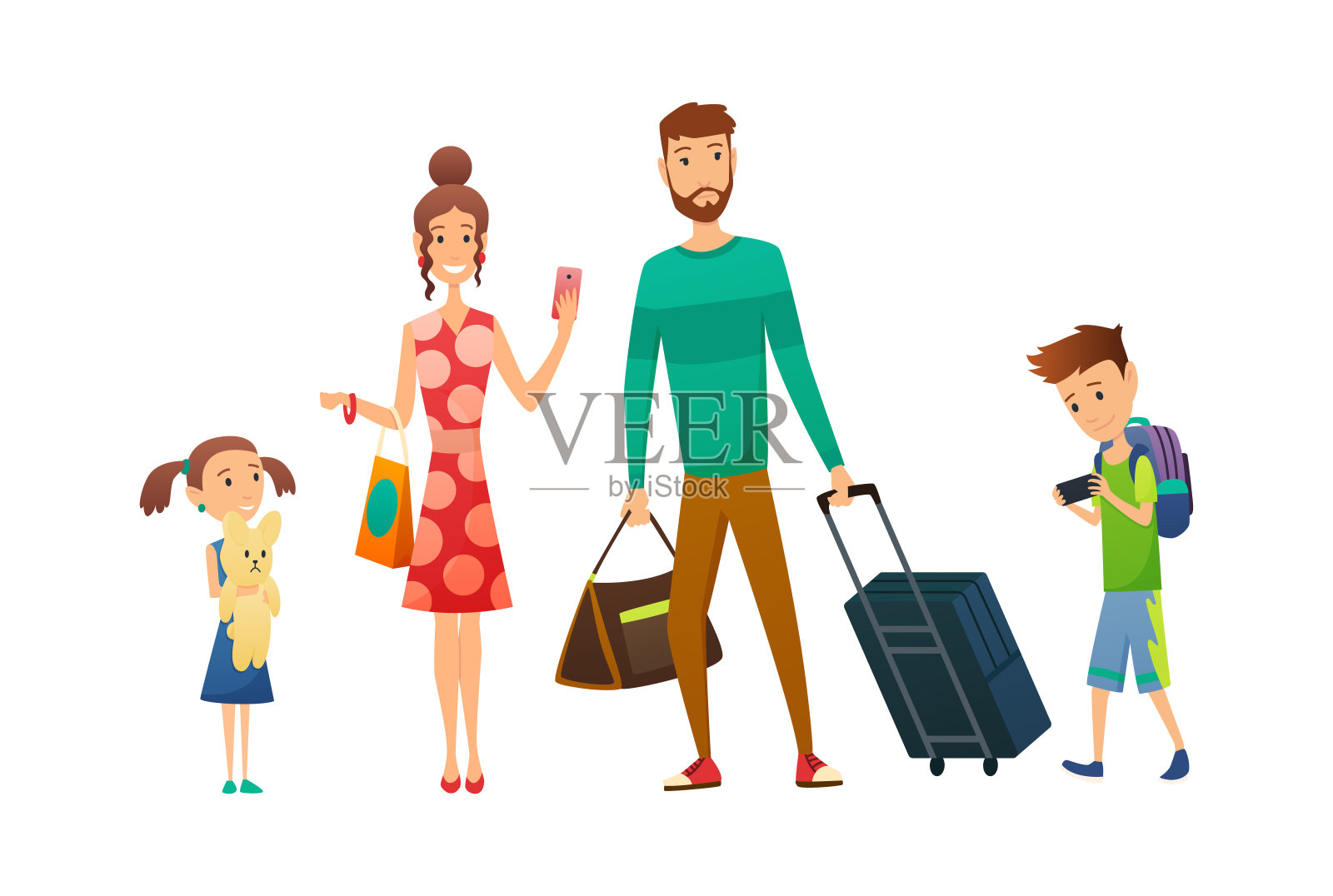 全家带着行李和行李箱一起旅行。家庭旅行。父亲母亲，儿子和女儿在机场。家庭度假插画图片素材