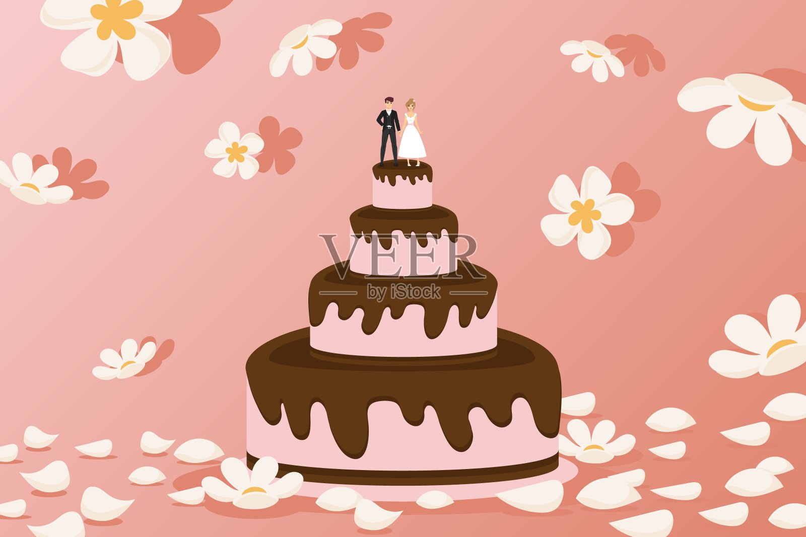 婚礼蛋糕与新娘和新郎雕像在上面，面包设置矢量插图。粉红色的甜点和巧克力糖霜插画图片素材