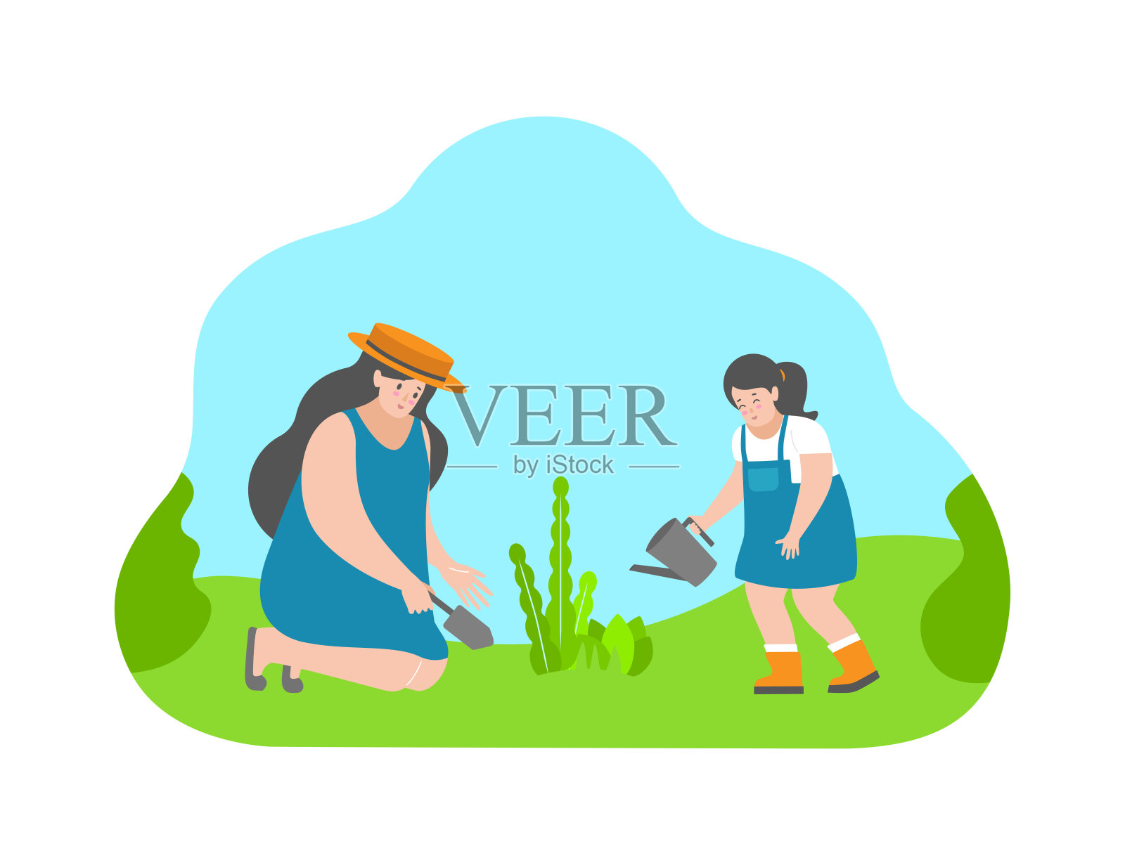 矢量插图平面概念与卡通人物。草帽妈妈用铲子种花，微笑的小女孩在花园里浇水设计元素图片
