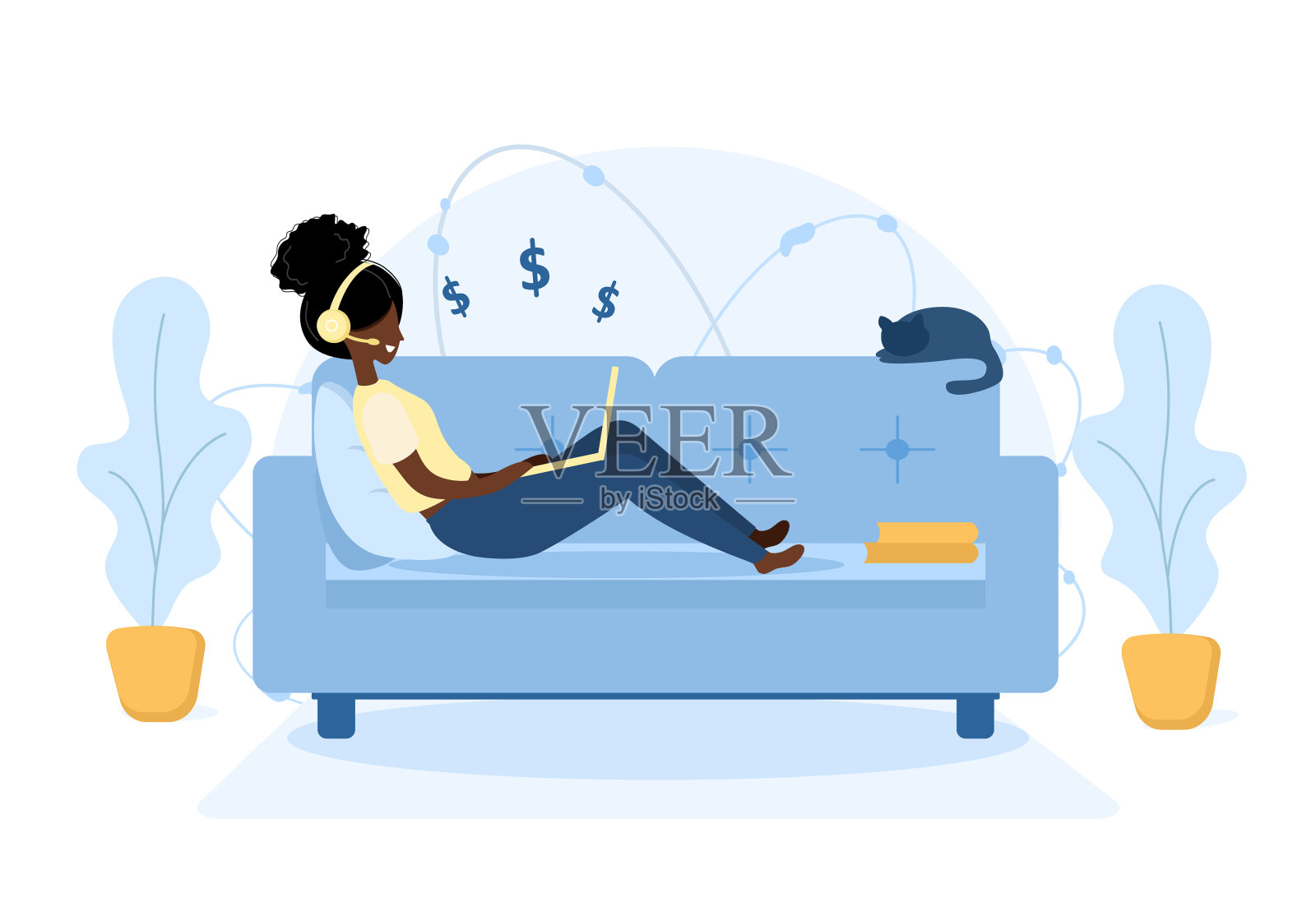 女人的自由。一个非洲女孩拿着笔记本电脑坐在沙发上。工作、在线教育、在家工作、健康生活方式的概念说明。矢量插图在平面风格。插画图片素材