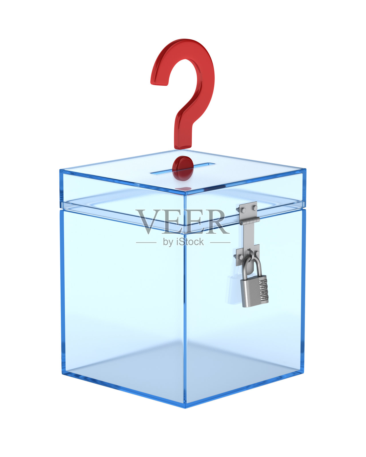 透明的投票箱和白色背景的问题。孤立的3 d演示照片摄影图片
