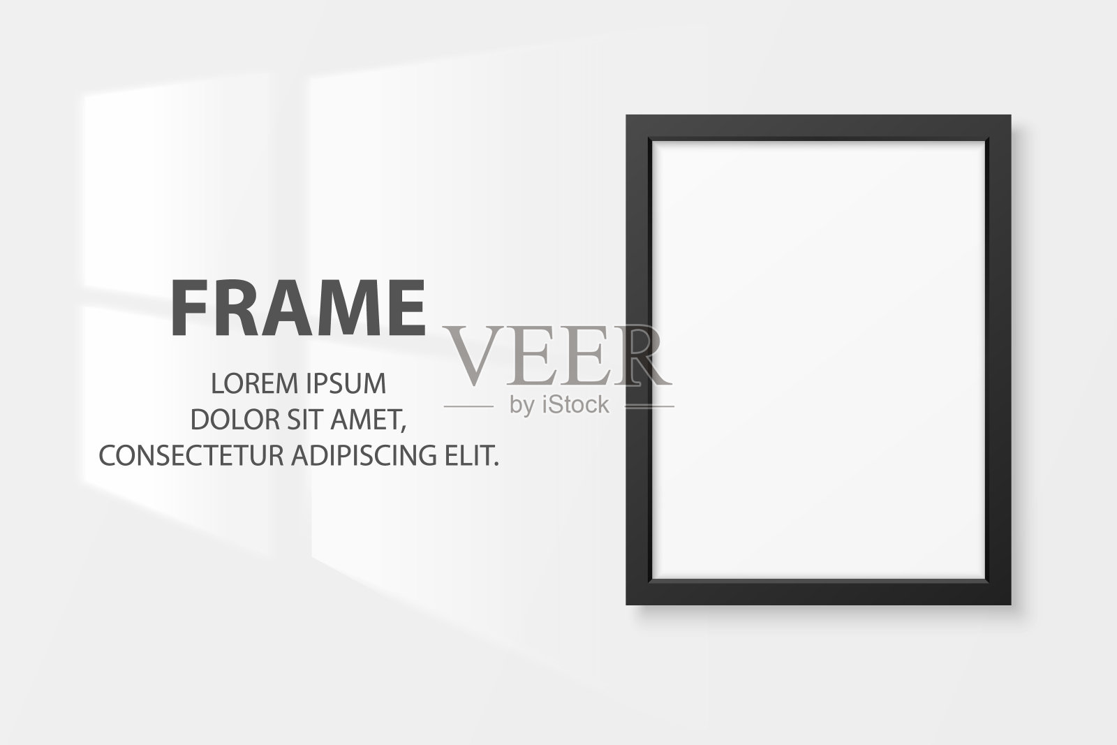 矢量3d现实黑色A4木制简单的现代框架图标特写孤立的白色墙壁背景与窗光。它可以用于演示。设计模板，模型，前视图插画图片素材