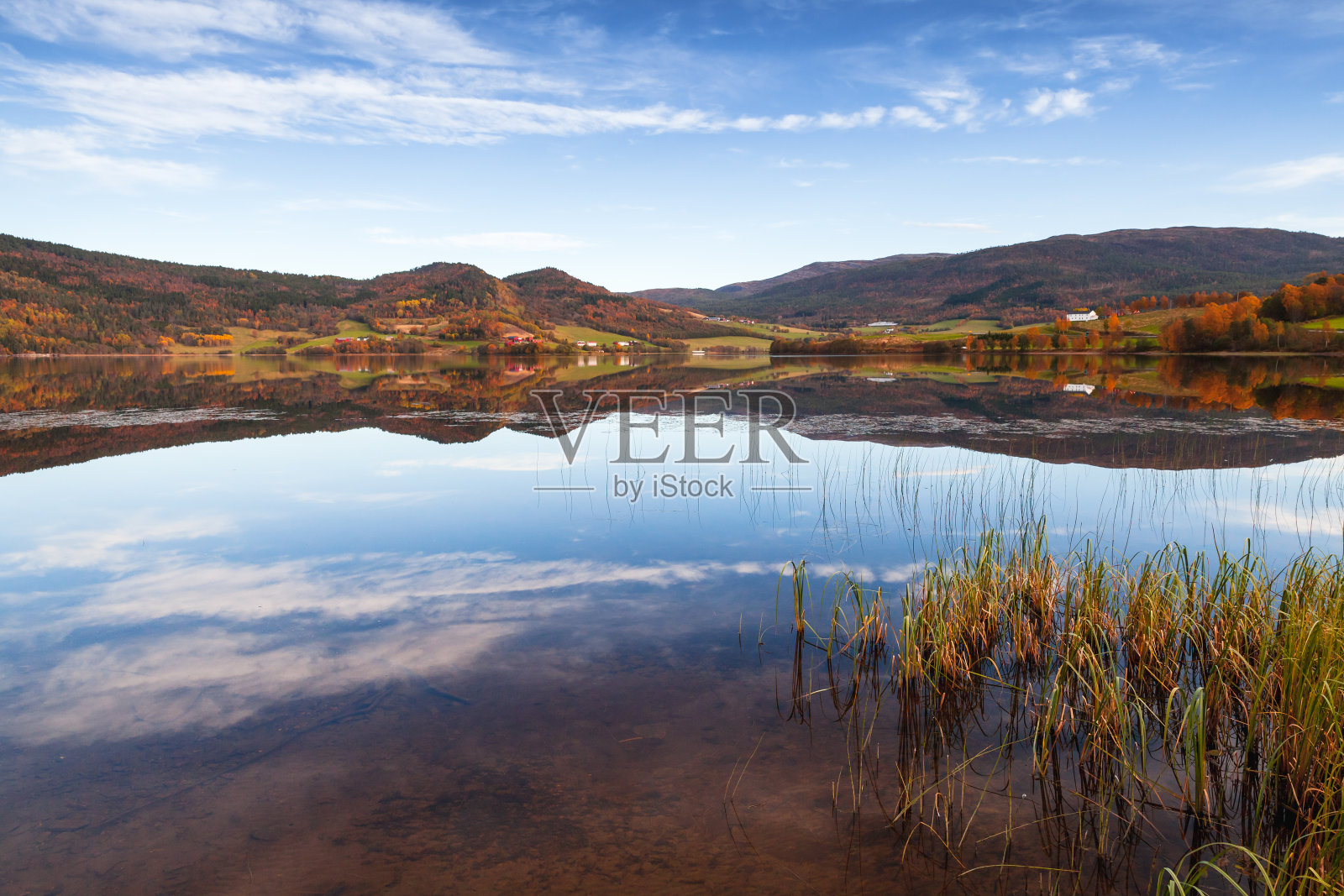 挪威乡村景观，有静静的湖照片摄影图片