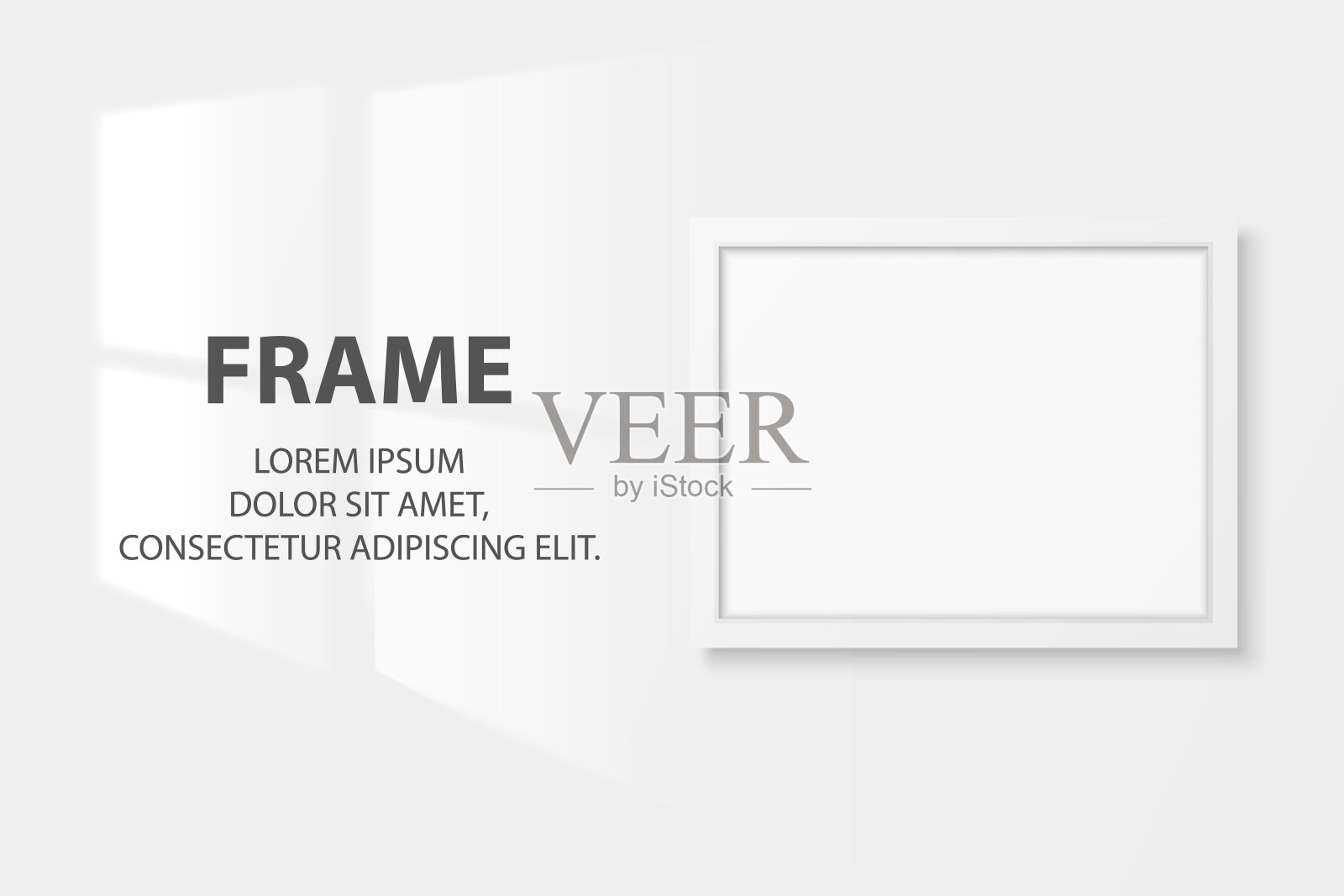 矢量3d现实白色水平木制简单的现代框架图标特写孤立的白色墙壁背景与窗光。它可以用于演示。设计模板，模型，前视图插画图片素材