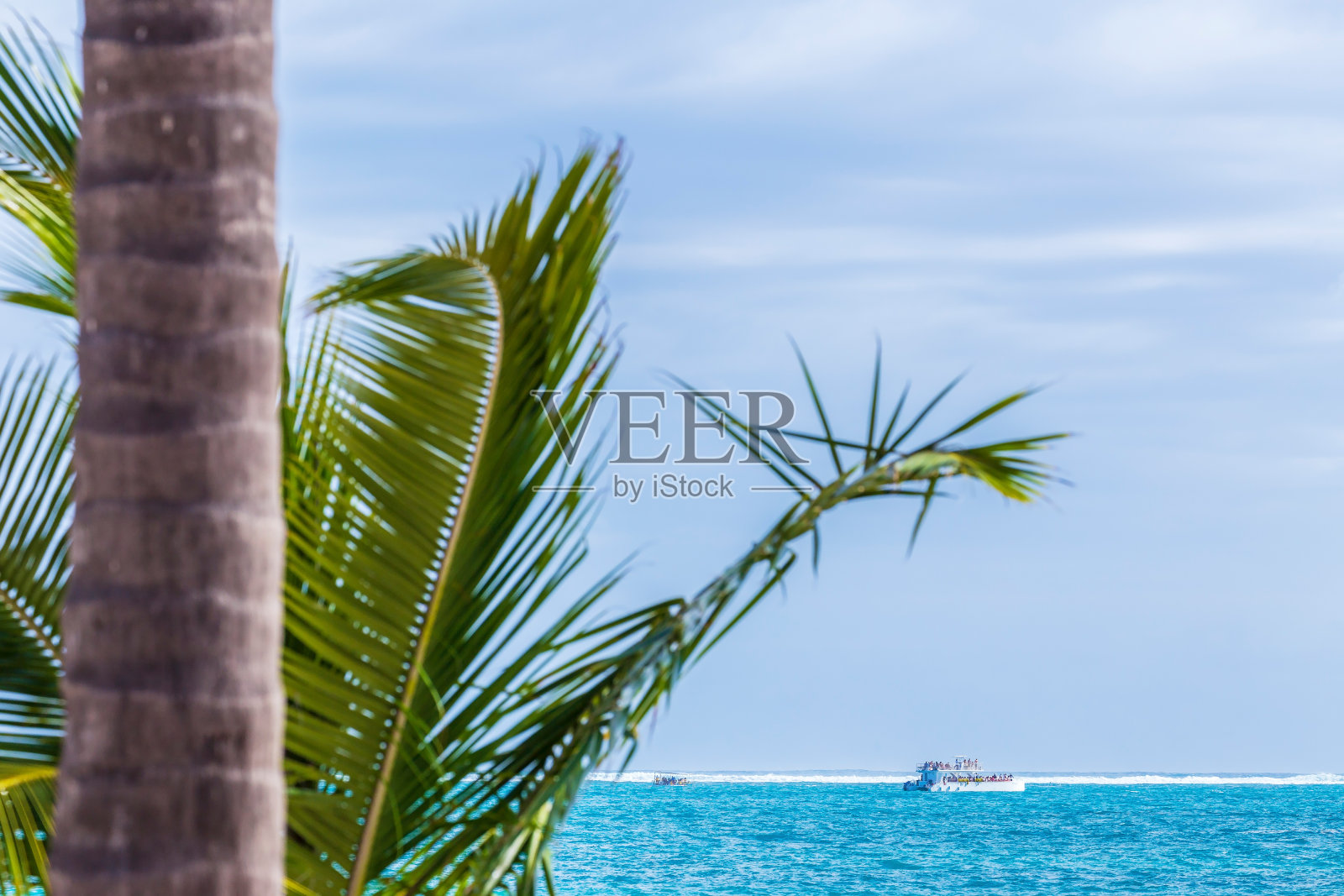 棕榈叶和游客的船在大西洋。蓬塔卡纳，多米尼加共和国照片摄影图片