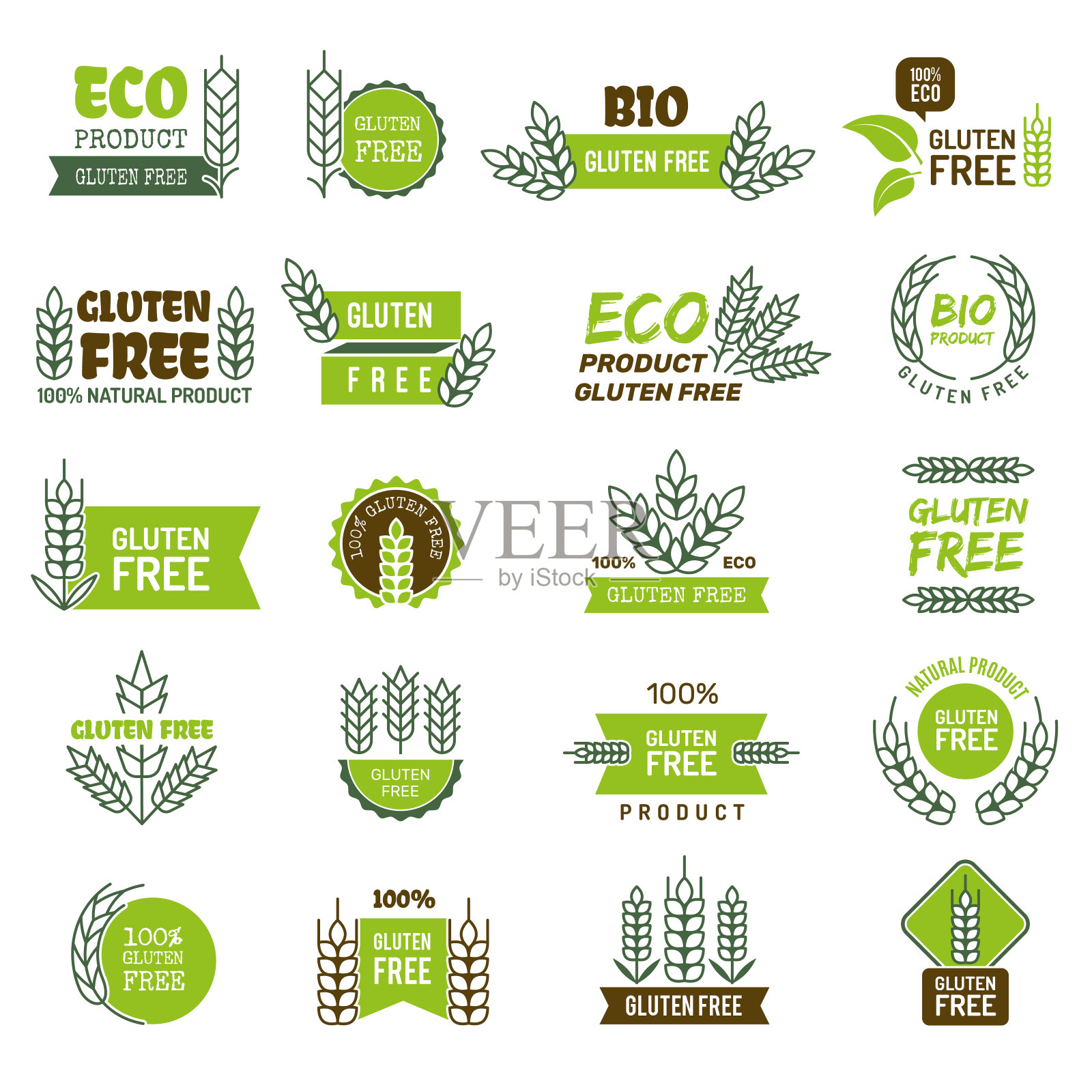 无谷蛋白。鲜活产品标志为生态农场天然健康食品优质标签载体采集分离插画图片素材