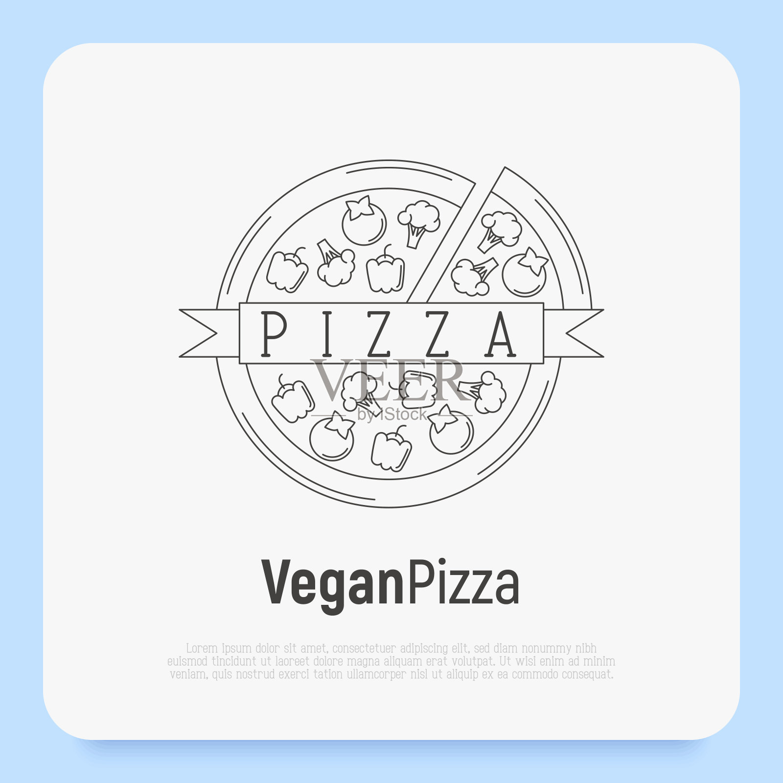 素食披萨配辣椒，花椰菜，西红柿。餐厅或披萨店菜单设计的细线图标标志。矢量插图。插画图片素材