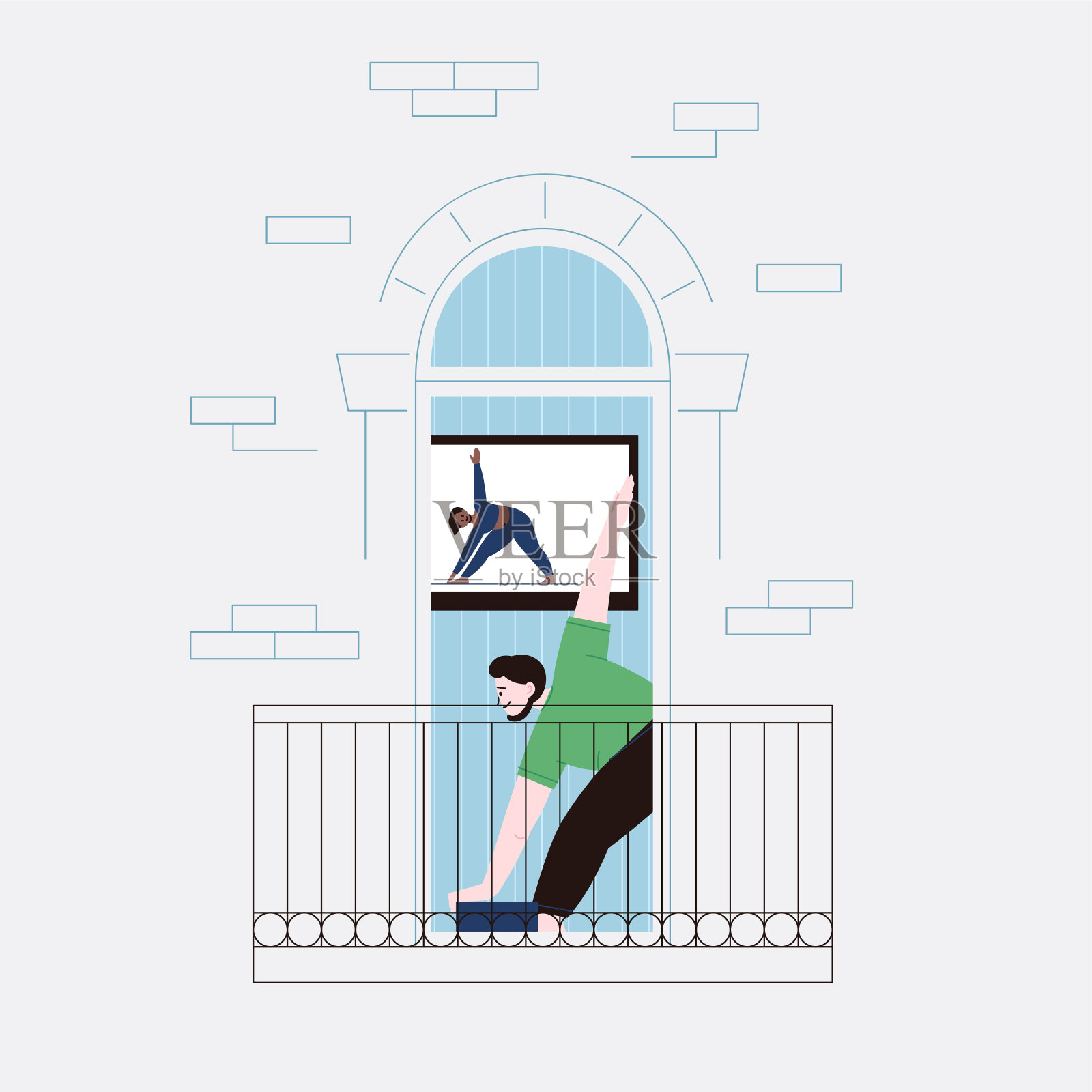 平面插图，一个留着胡子的男人呆在家里进行隔离，用视频课程练习瑜伽。公寓阳台门的正面。插画图片素材