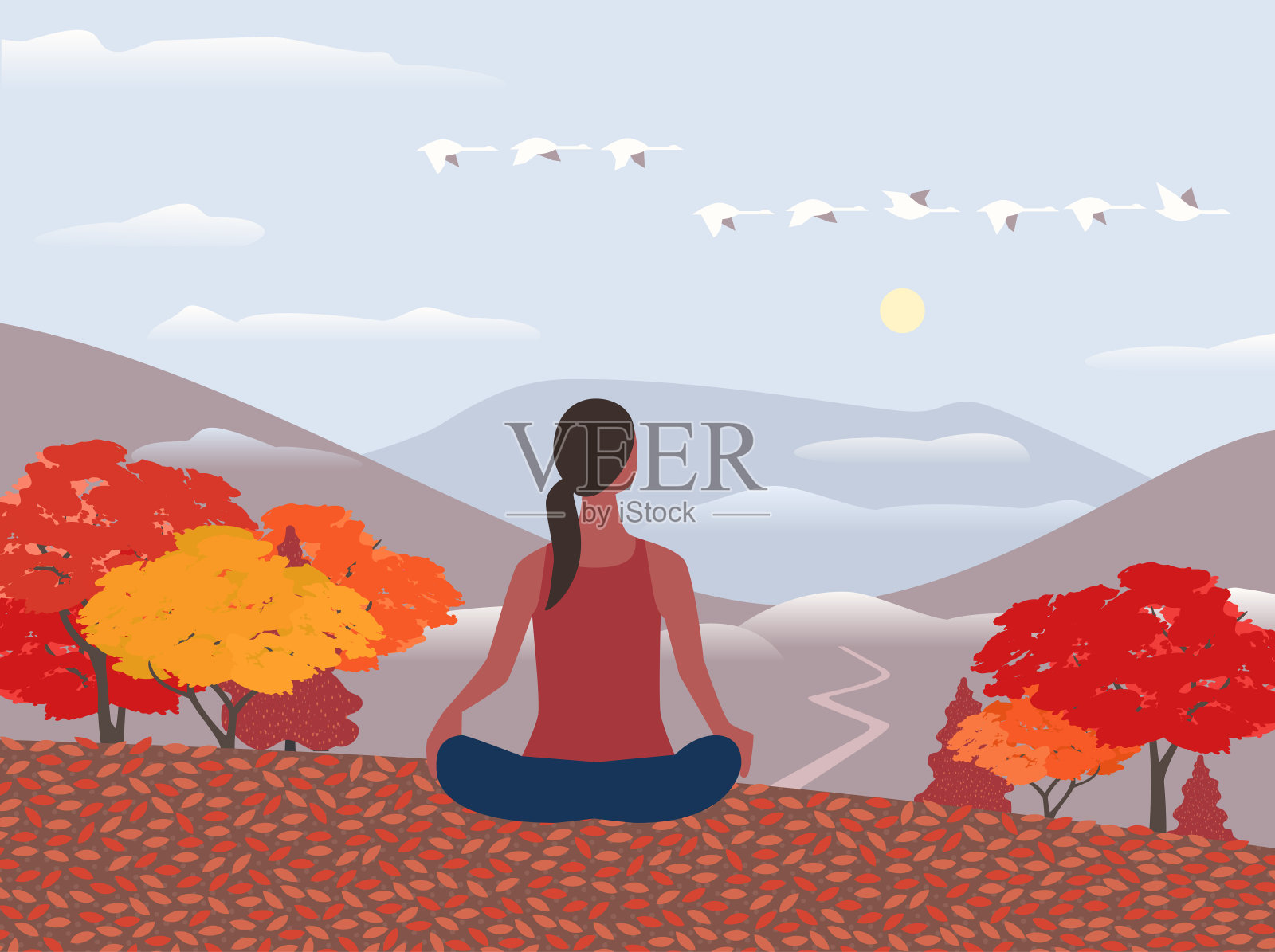 女人放松在秋天的山平色向量插画图片素材