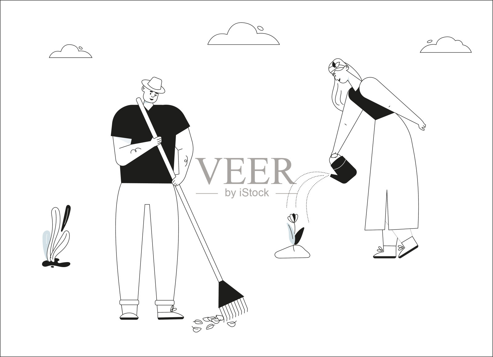 男人耙秋叶，女人浇花，农夫在田里干活插画图片素材