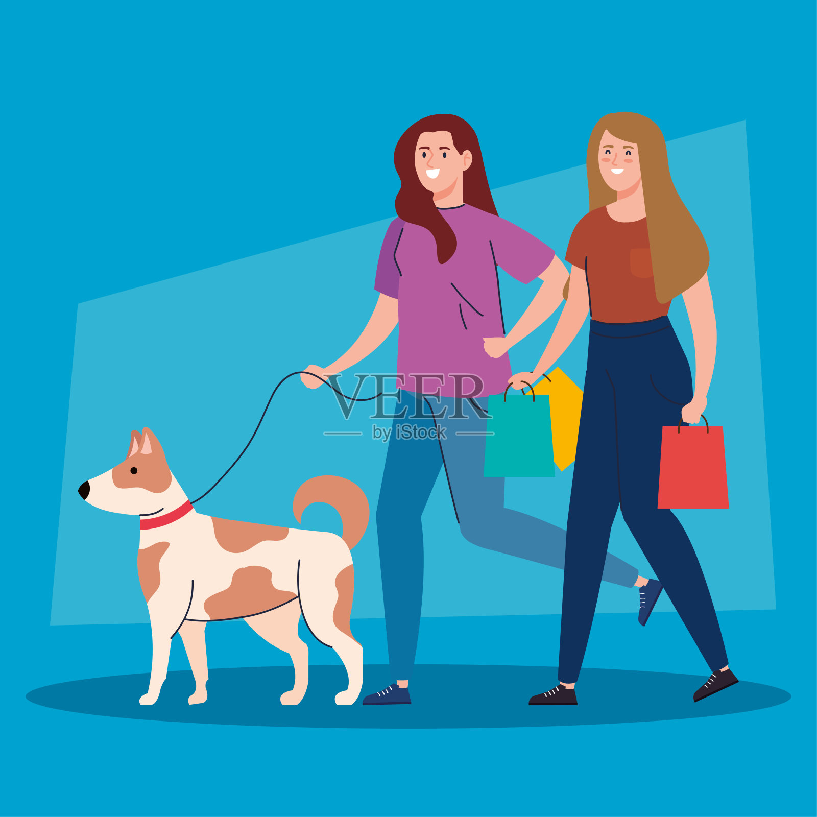 一个穿红裙子牵着狗的女孩插画图片素材_ID:407033542-Veer图库