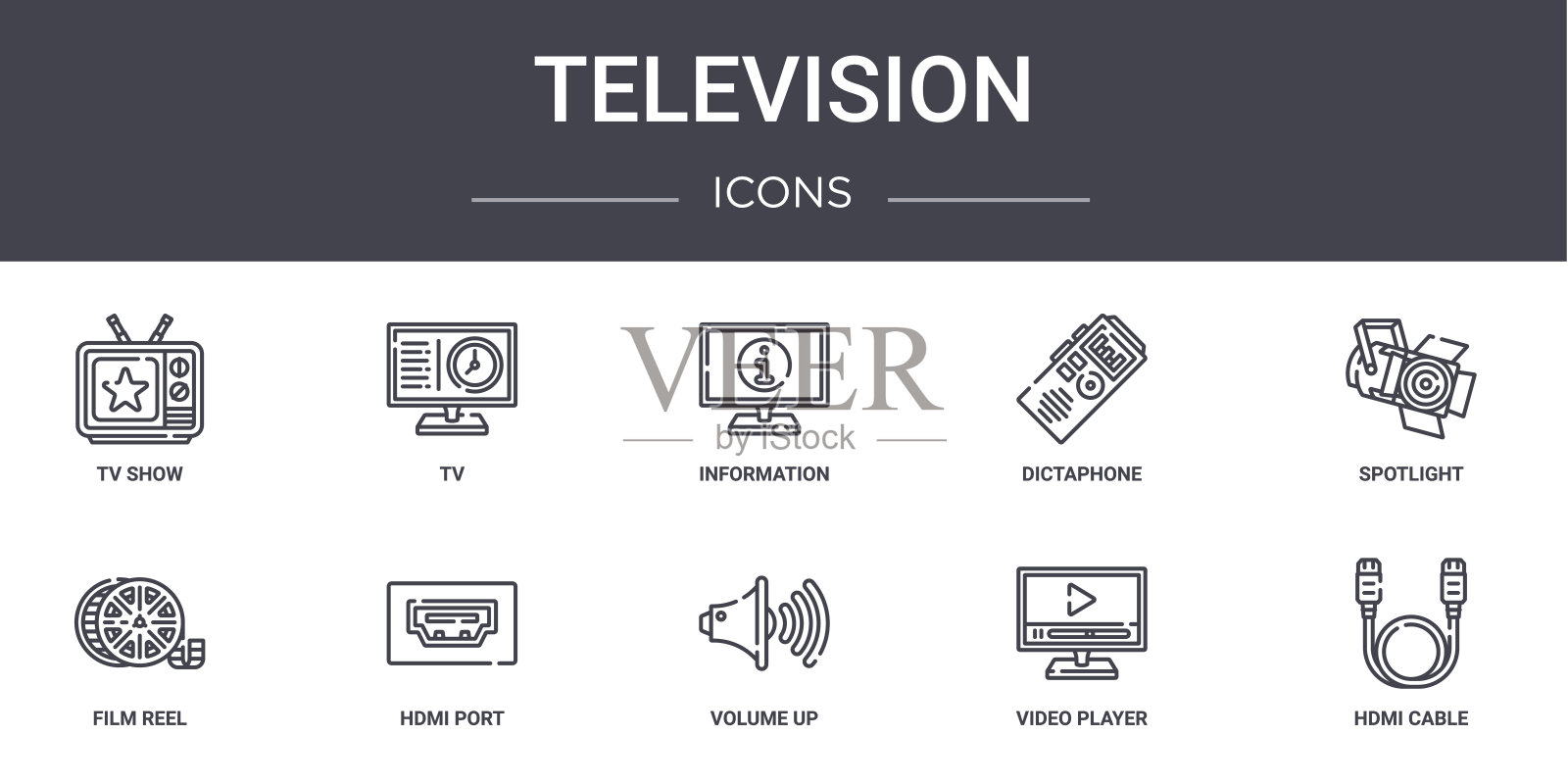 电视概念线图标集。包含图标，可用于web，标志，ui/ux，如电视，口述电话，电影卷轴，音量，视频播放器，hdmi电缆，聚光灯，信息图标素材