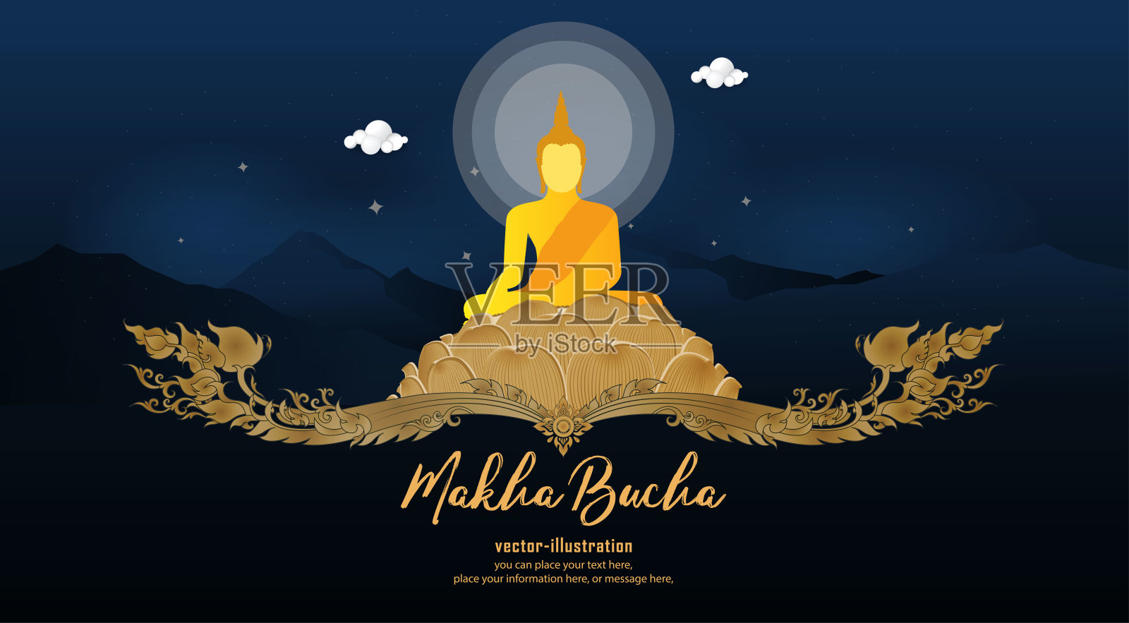 佛寺宗教框架背景-玛哈法会日旗佛祖文化用泰国图案矢量设计插画图片素材