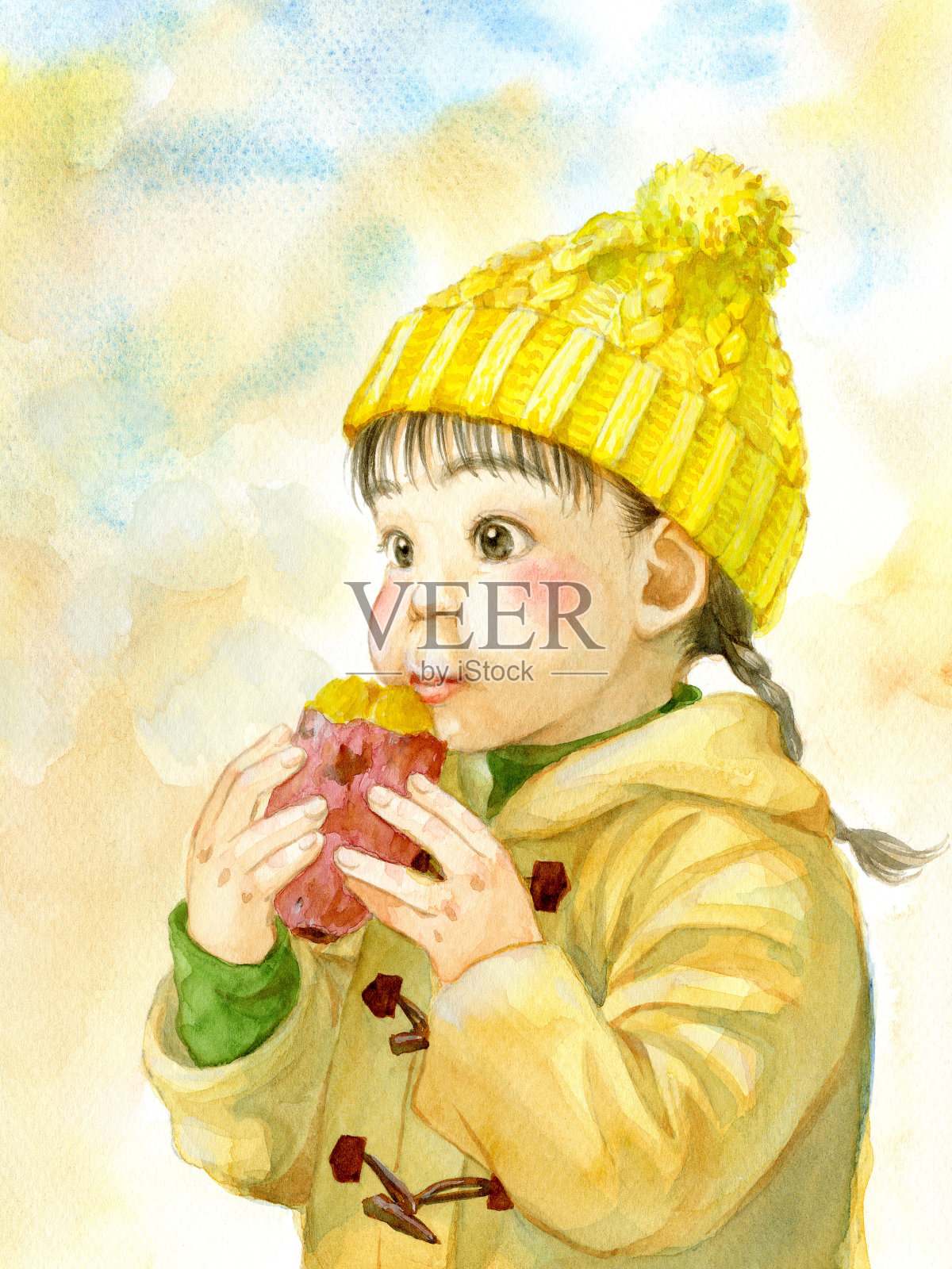 一个小女孩在吃红薯插画图片素材
