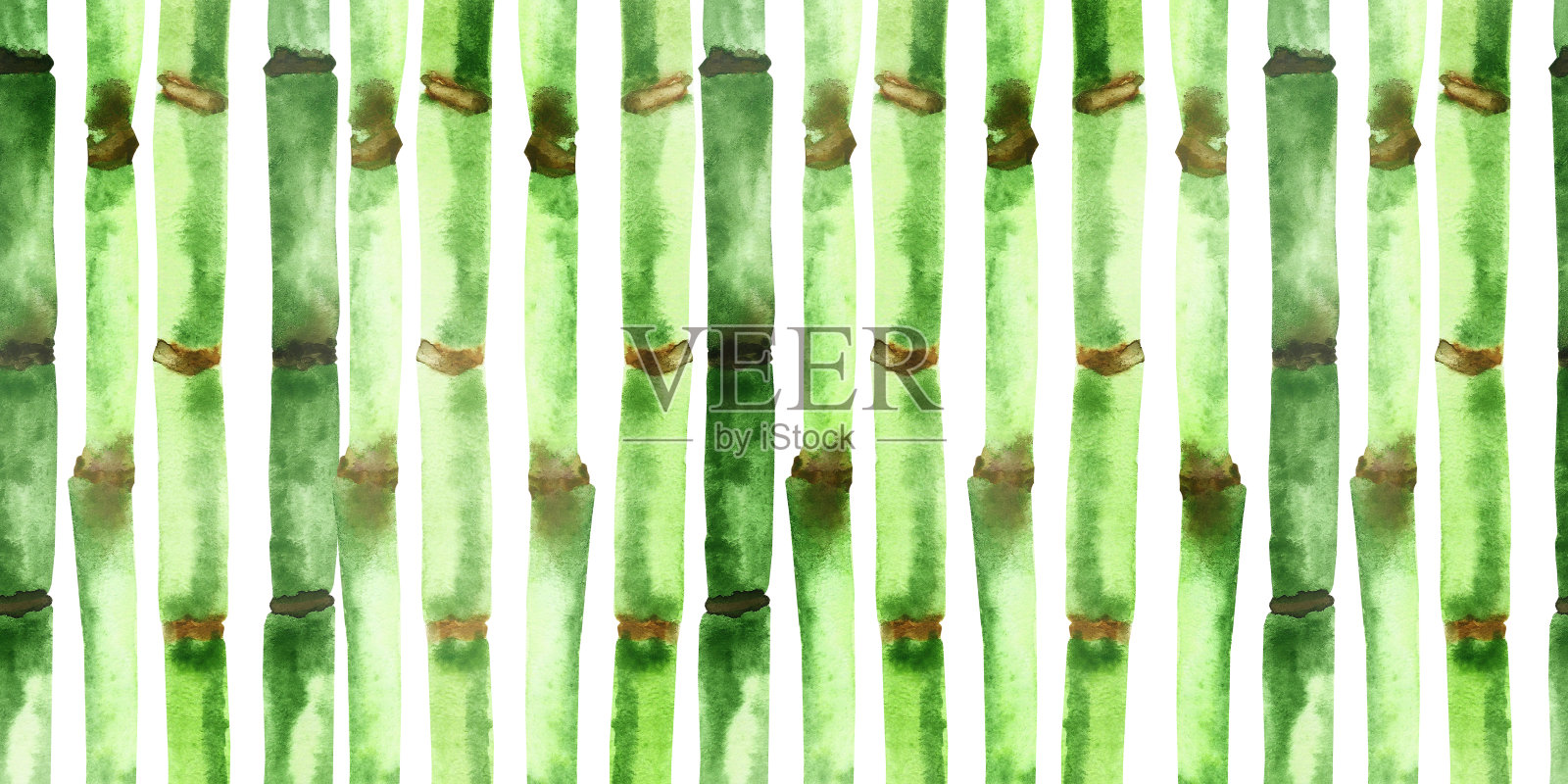 水彩手绘自然热带植物纹理背景与绿色和棕色竹枝孤立在白色背景上的设计元素和卡片设计元素图片