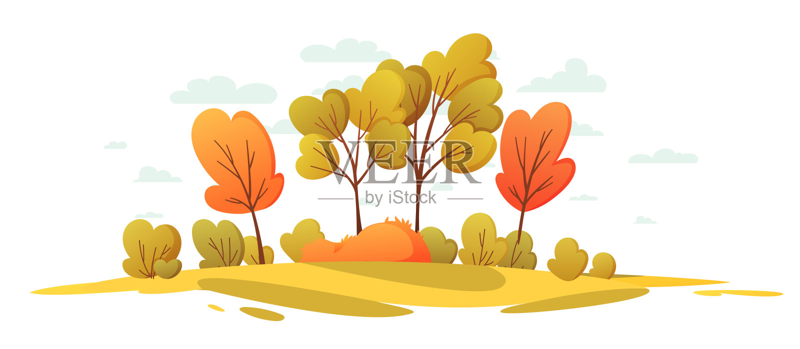 秋高气扬，自然景观与树木。美丽的风景卡通背景。农村全景插画图片素材