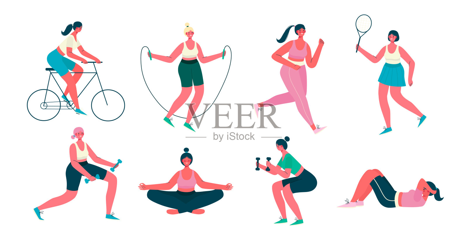 Woman activities. Set of women doing sports, yoga, riding the bicycle, jogging, jumping, fitness. Healthy lifestyle, active workout. Vector flat cartoon illustration isolated on white background.插画图片素材