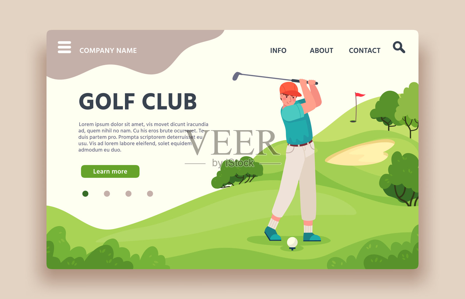 高尔夫俱乐部网站。运动俱乐部有绿地，有旗杆洞，沙坑，高尔夫球车，高尔夫学校着陆矢量页插画图片素材