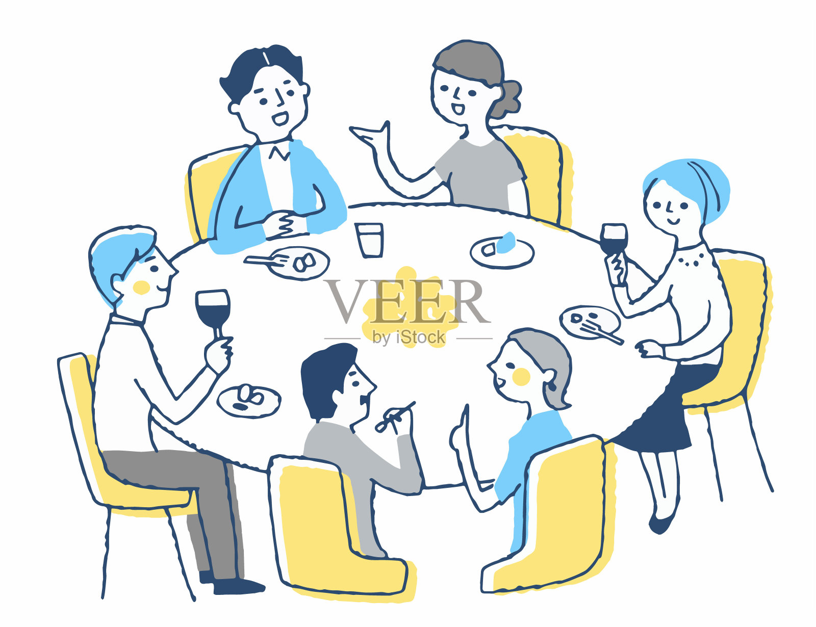 人们围坐在圆桌旁用餐插画图片素材