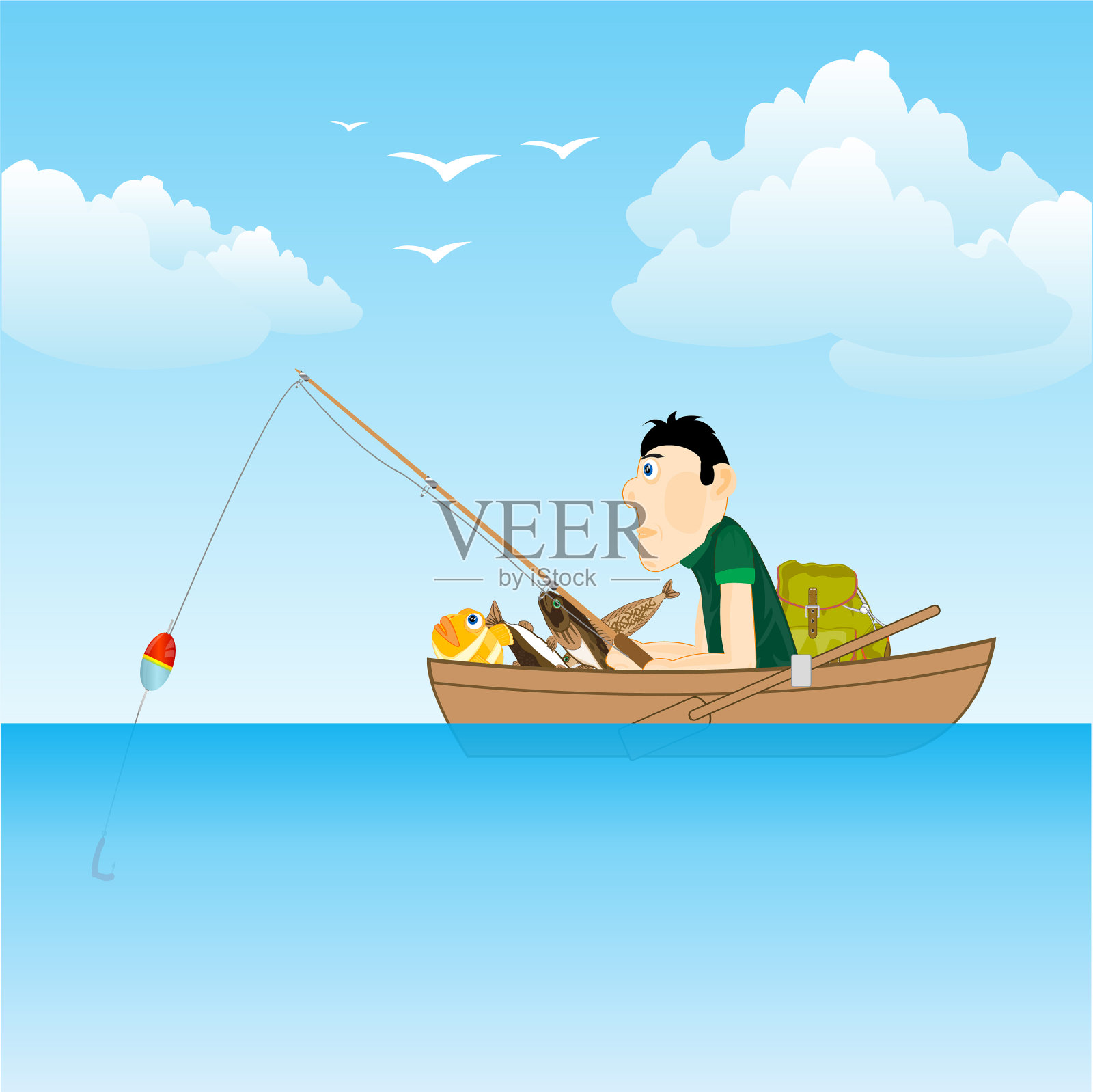 大海和渔民在船上捕鱼插画图片素材