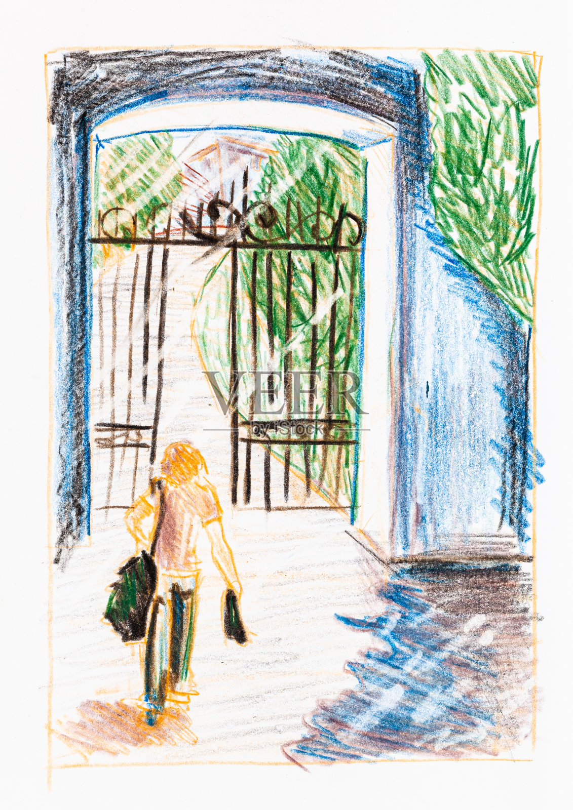 夏天，男人的素描去城市公园门口插画图片素材