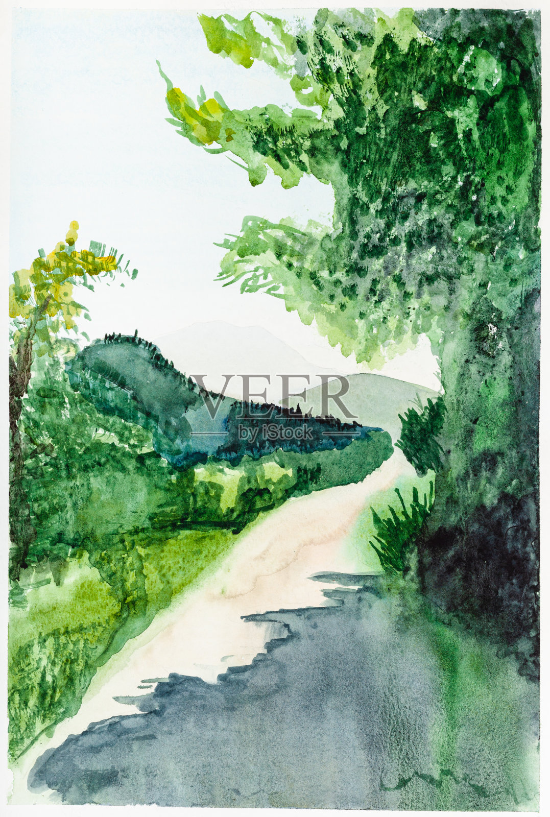 夏天杂草丛生的绿色山丘之间的小路插画图片素材